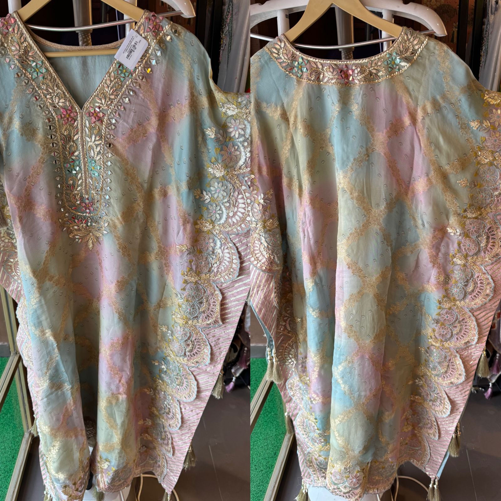 Banarsi silk Tye and Dye look kaaftan Multi shaded with Cutwork