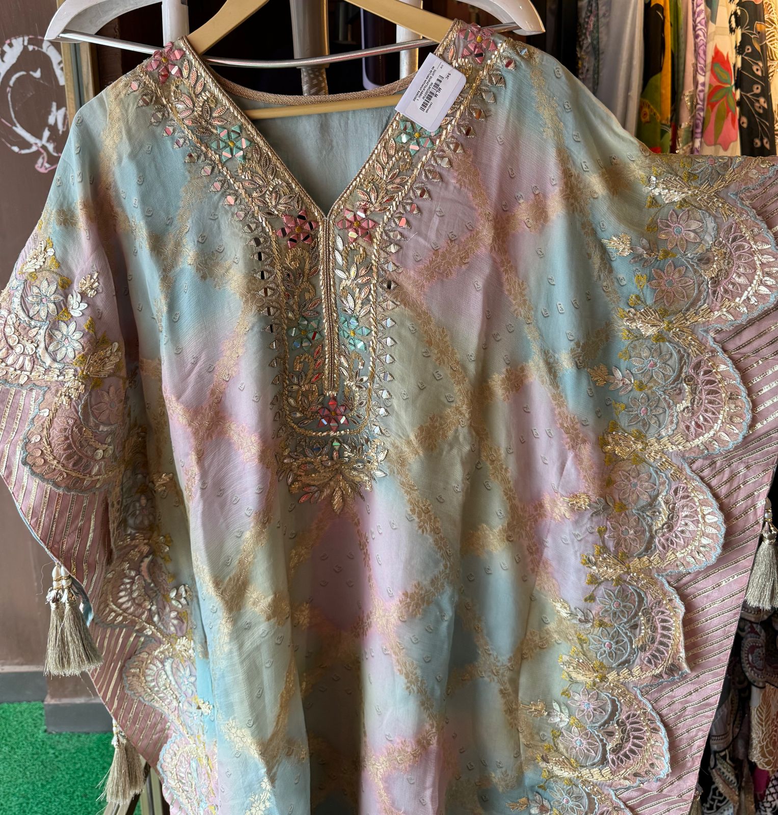 Banarsi silk Tye and Dye look kaaftan Multi shaded with Cutwork