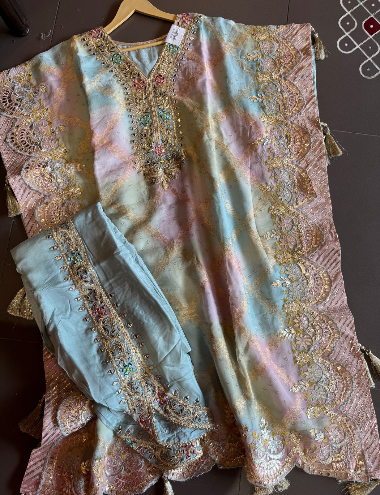 Banarsi silk Tye and Dye look kaaftan Multi shaded with Cutwork