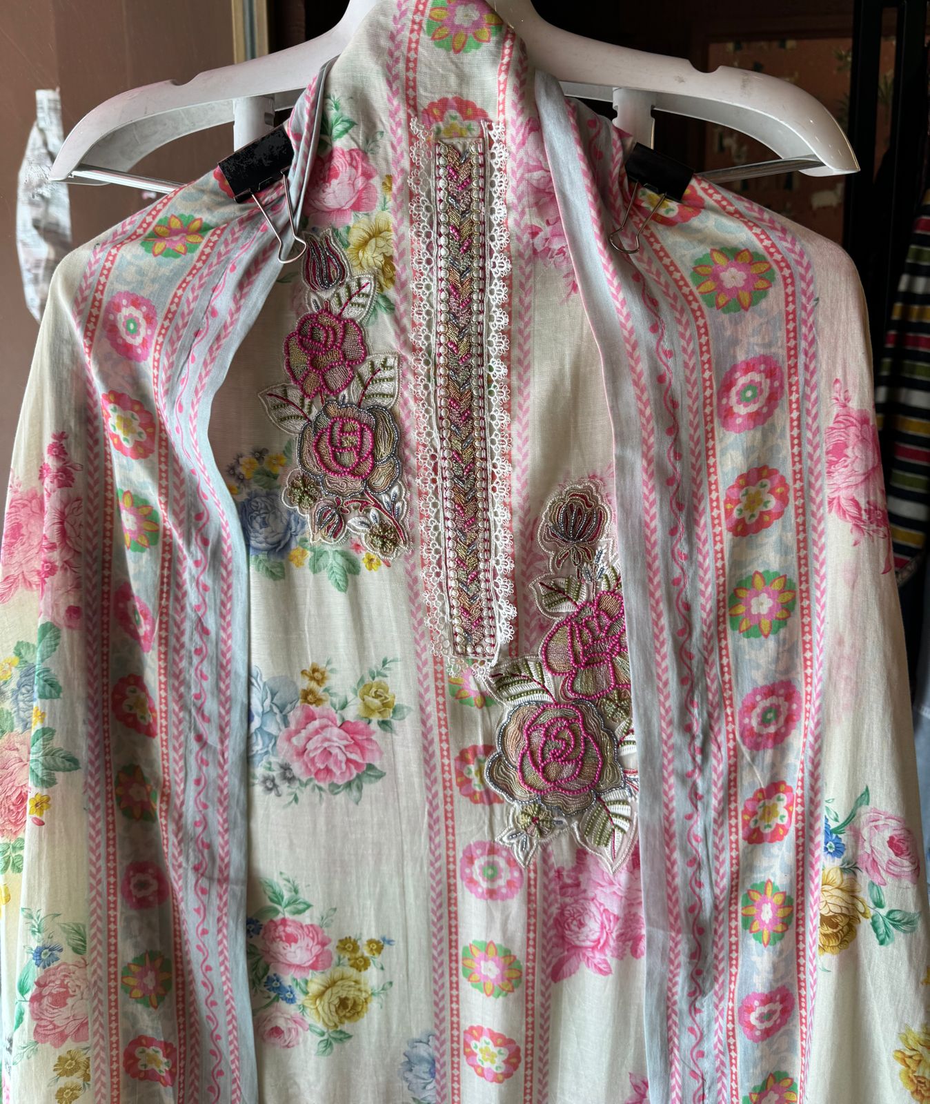 Pure handloom cotton Digital printed unstitched suit with Floral handwork/handembroidered