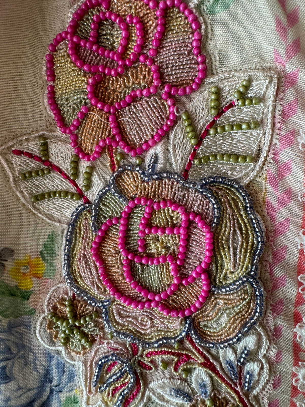 Pure handloom cotton Digital printed unstitched suit with Floral handwork/handembroidered