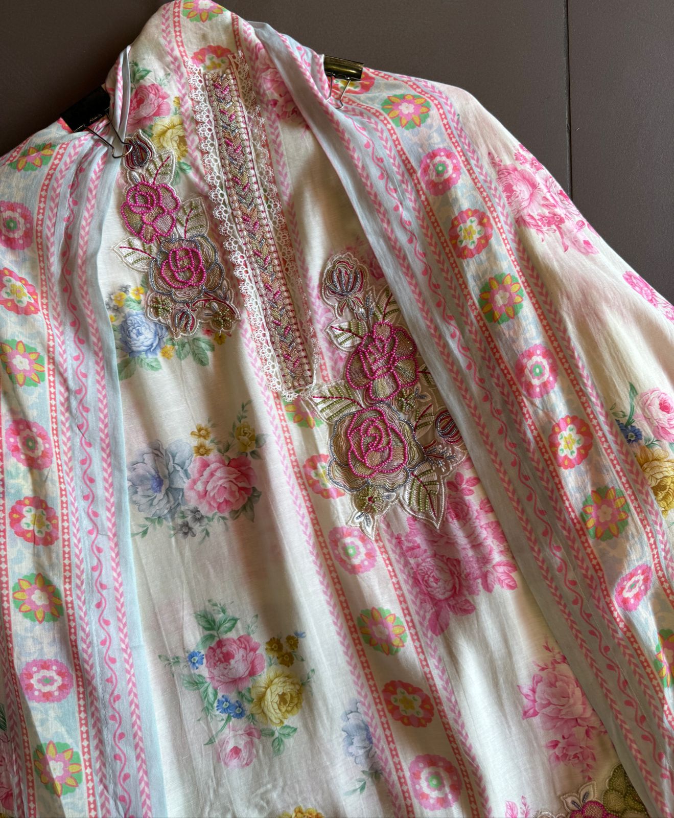 Pure handloom cotton Digital printed unstitched suit with Floral handwork/handembroidered