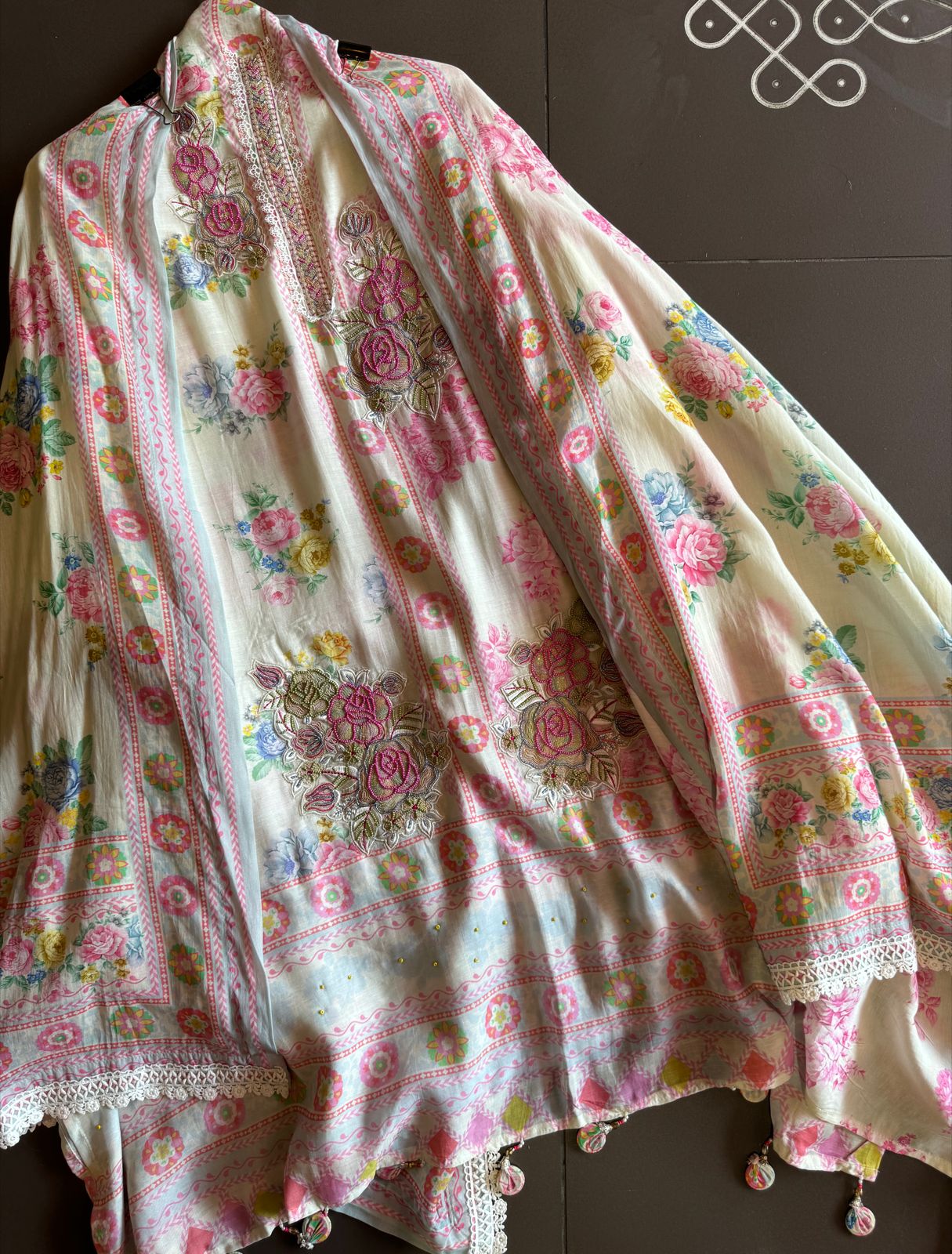 Pure handloom cotton Digital printed unstitched suit with Floral handwork/handembroidered