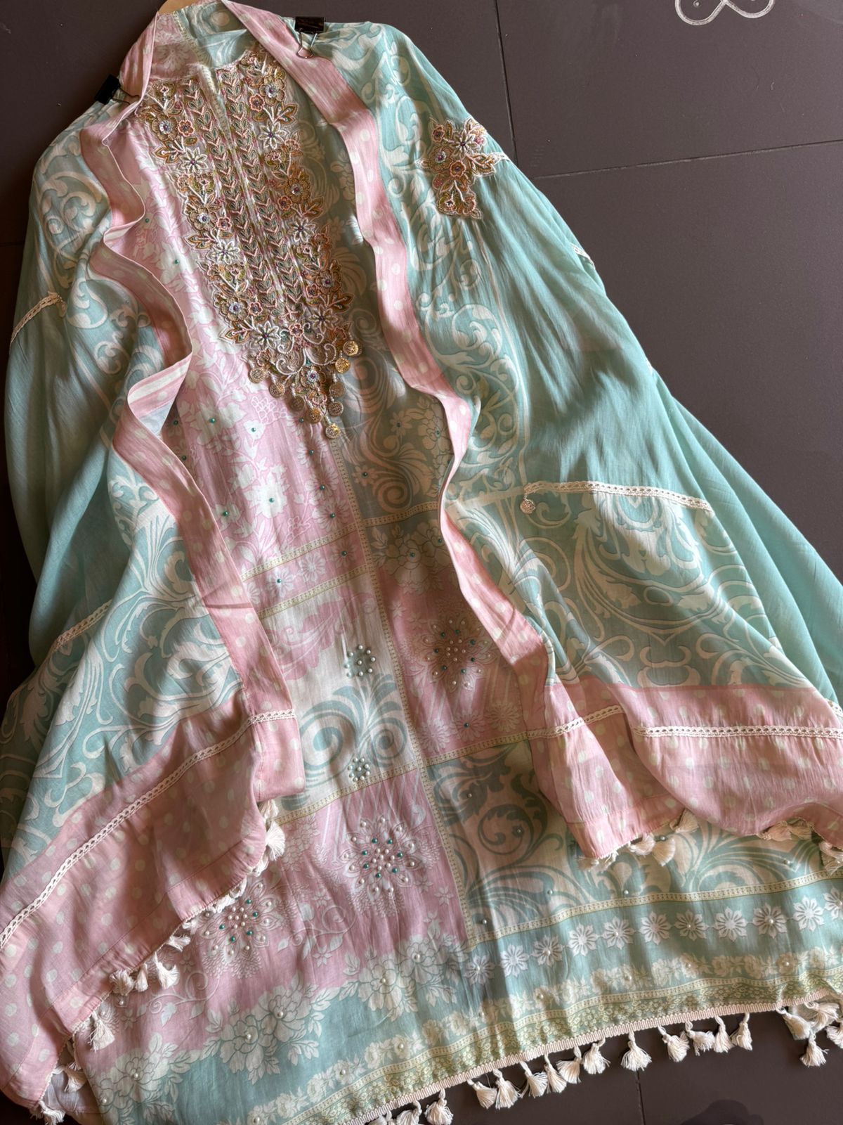 Pure handloom cotton Unstitched suit piece very beautiful print with handwork highlighting on the complete shirt front