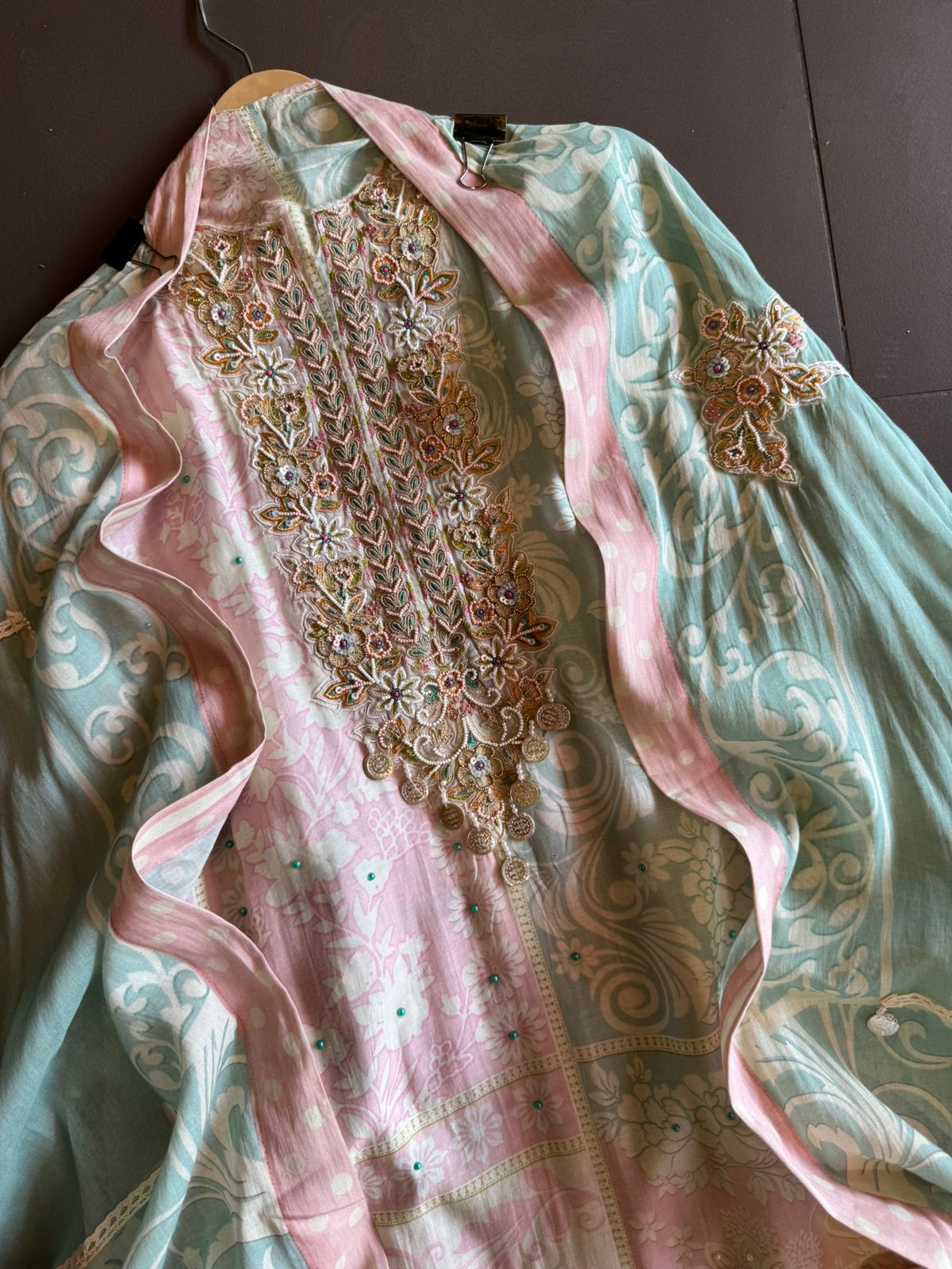 Pure handloom cotton Unstitched suit piece very beautiful print with handwork highlighting on the complete shirt front