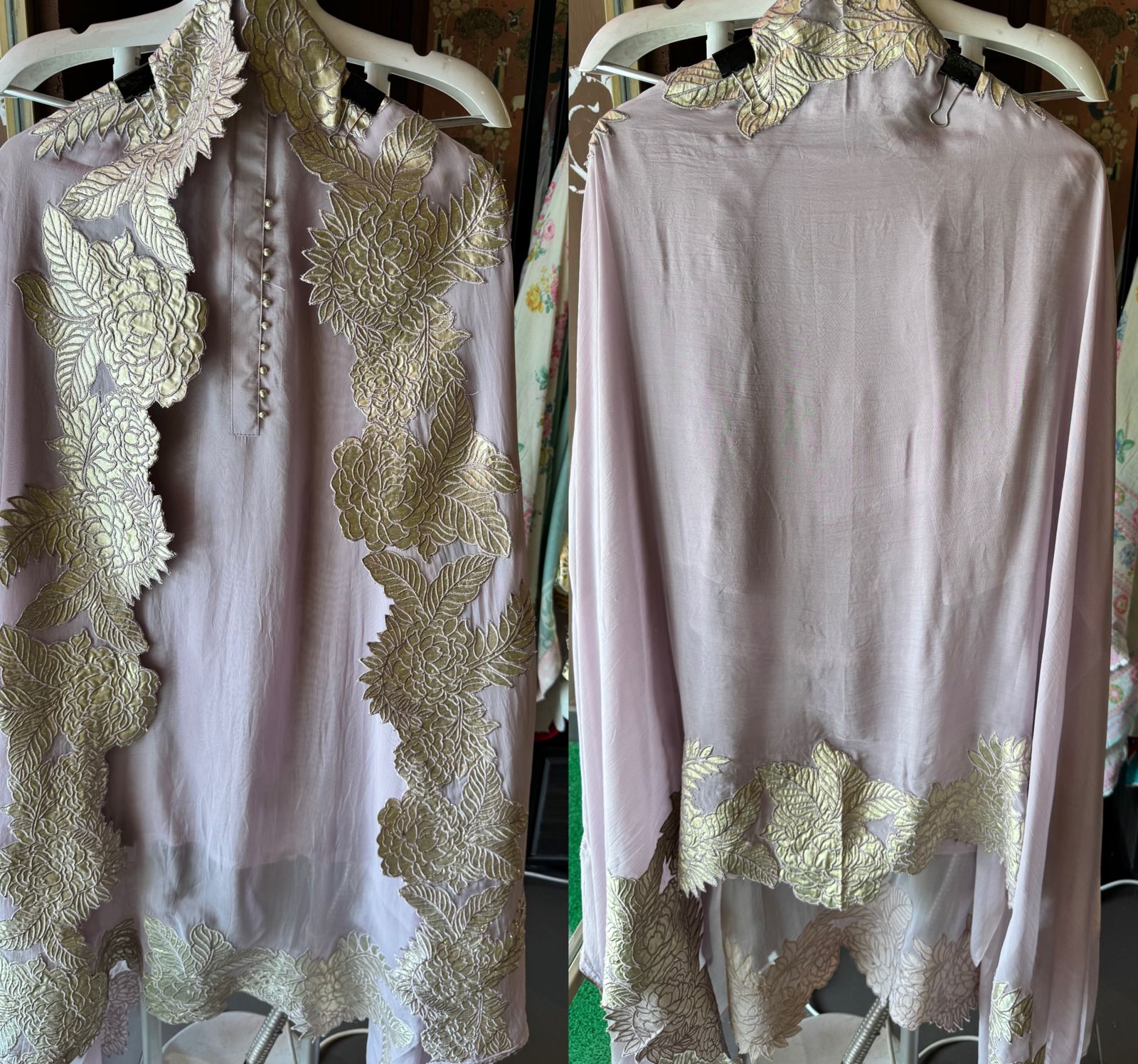 Super soft and Flowy organza with beautiful cushioning pattern on the shirt ghera and button detailings on the neckline
