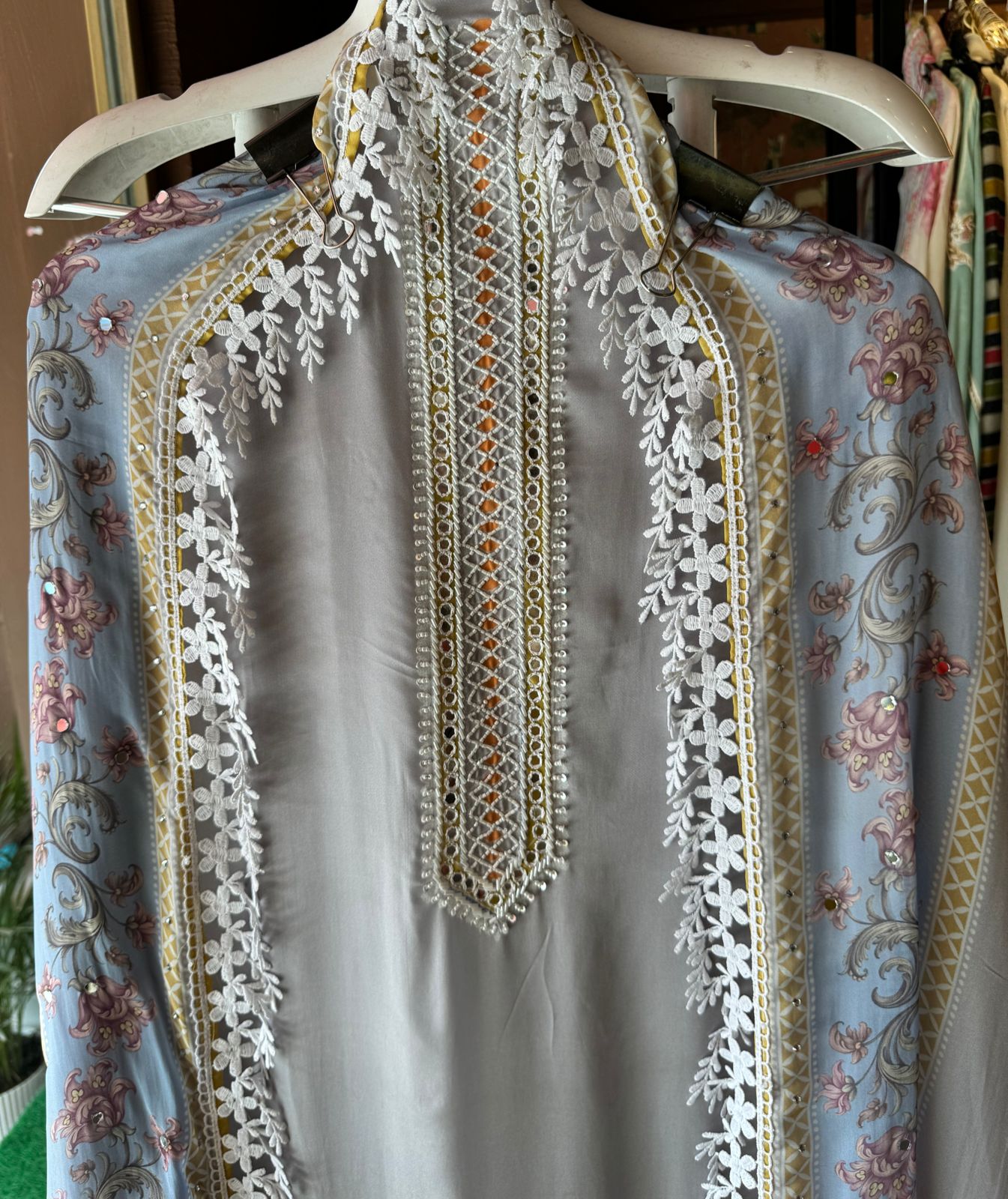 Soft satin crepe full size unstitched Shirt with very beautiful Neckline with nalki embellishments.
