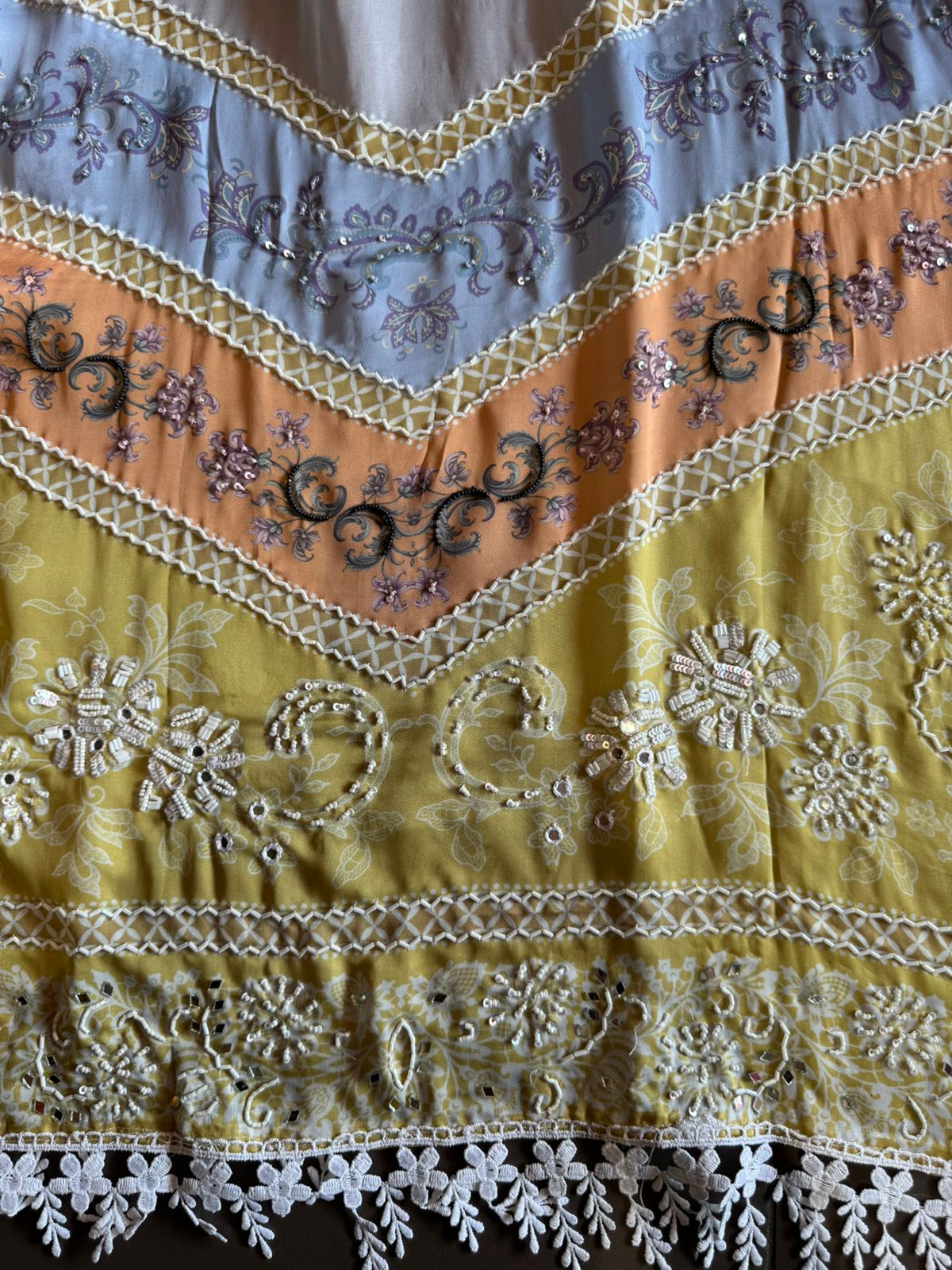 Soft satin crepe full size unstitched Shirt with very beautiful Neckline with nalki embellishments.