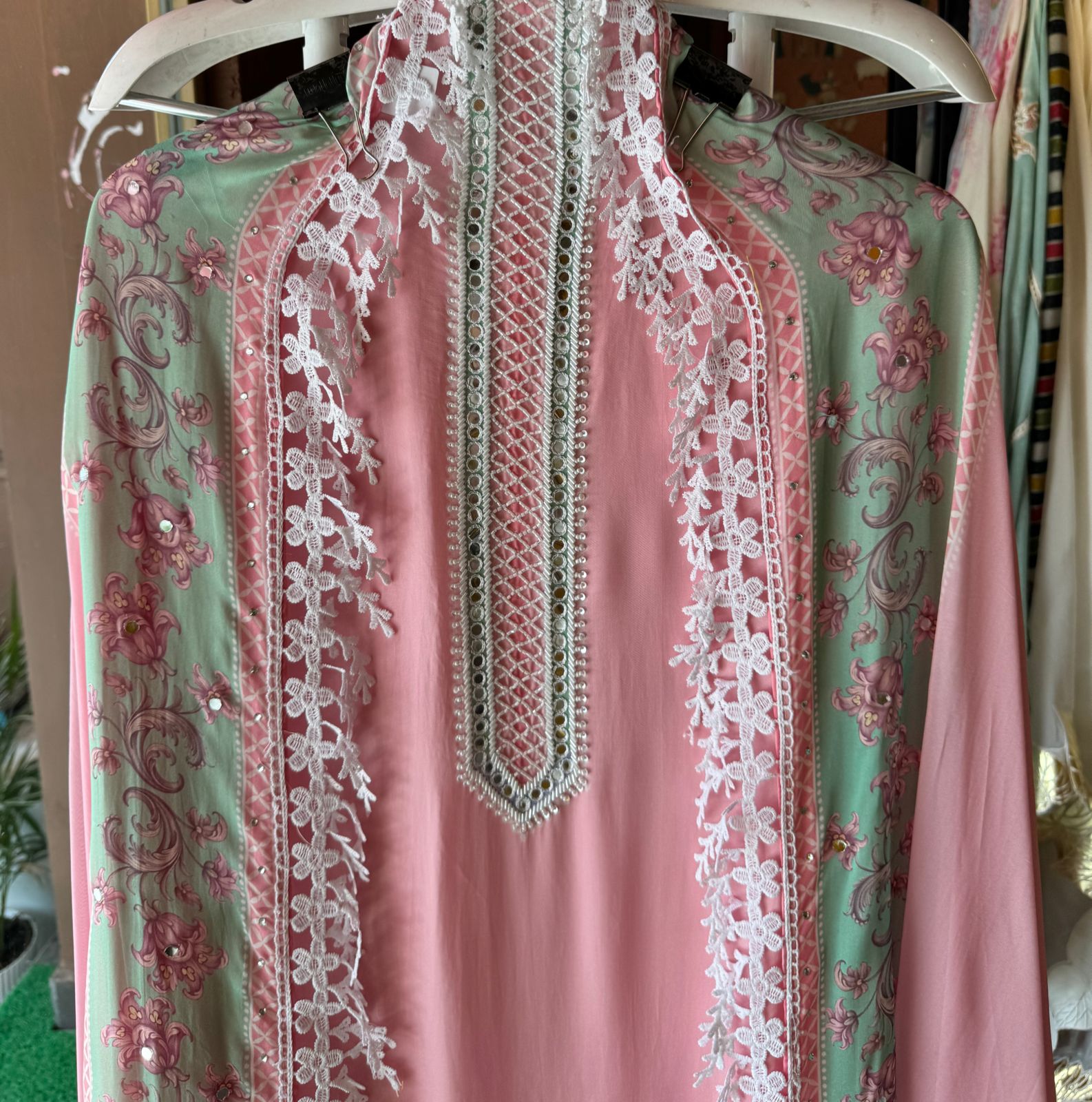 Soft satin crepe full size unstitched Shirt with very beautiful Neckline with nalki embellishments.