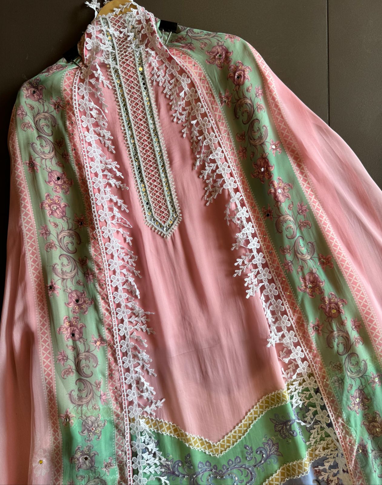 Soft satin crepe full size unstitched Shirt with very beautiful Neckline with nalki embellishments.