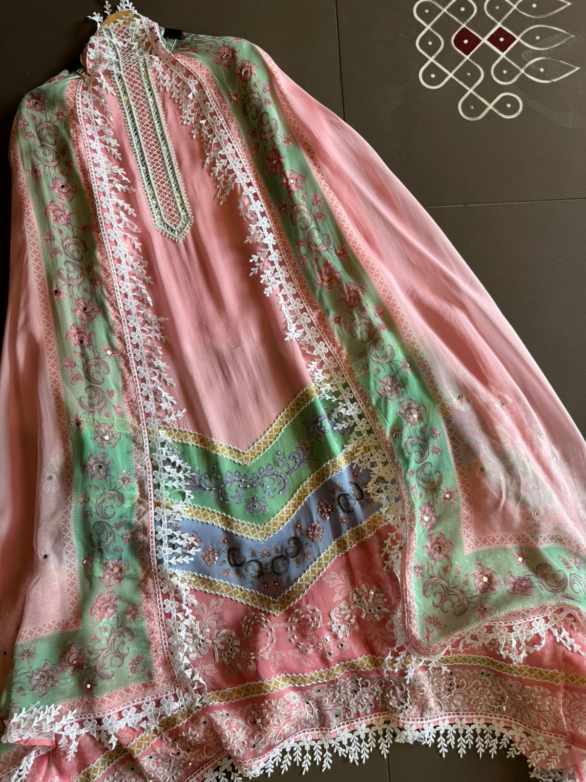 Soft satin crepe full size unstitched Shirt with very beautiful Neckline with nalki embellishments.