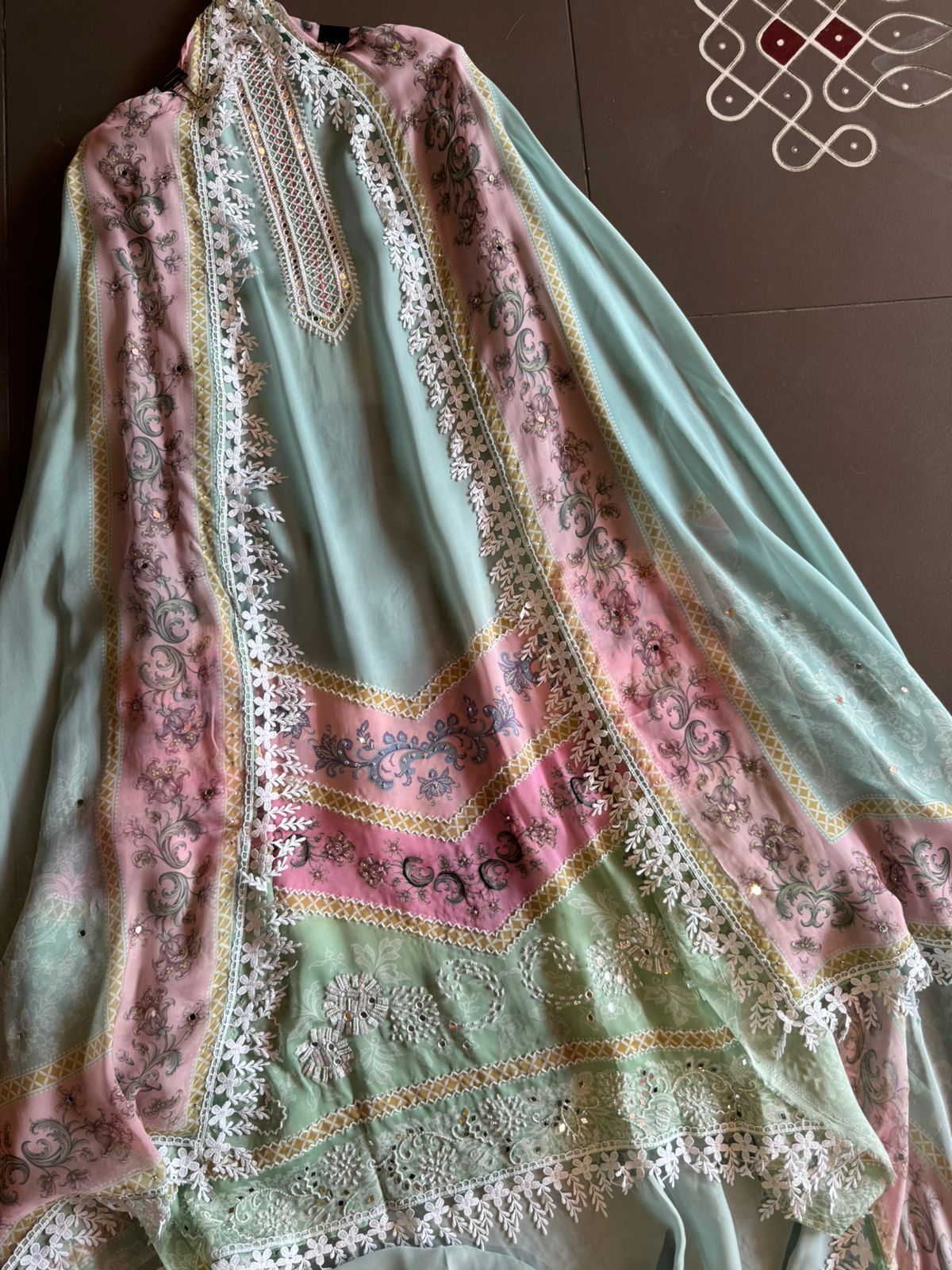 Soft satin crepe full size unstitched Shirt with very beautiful Neckline with nalki embellishments.