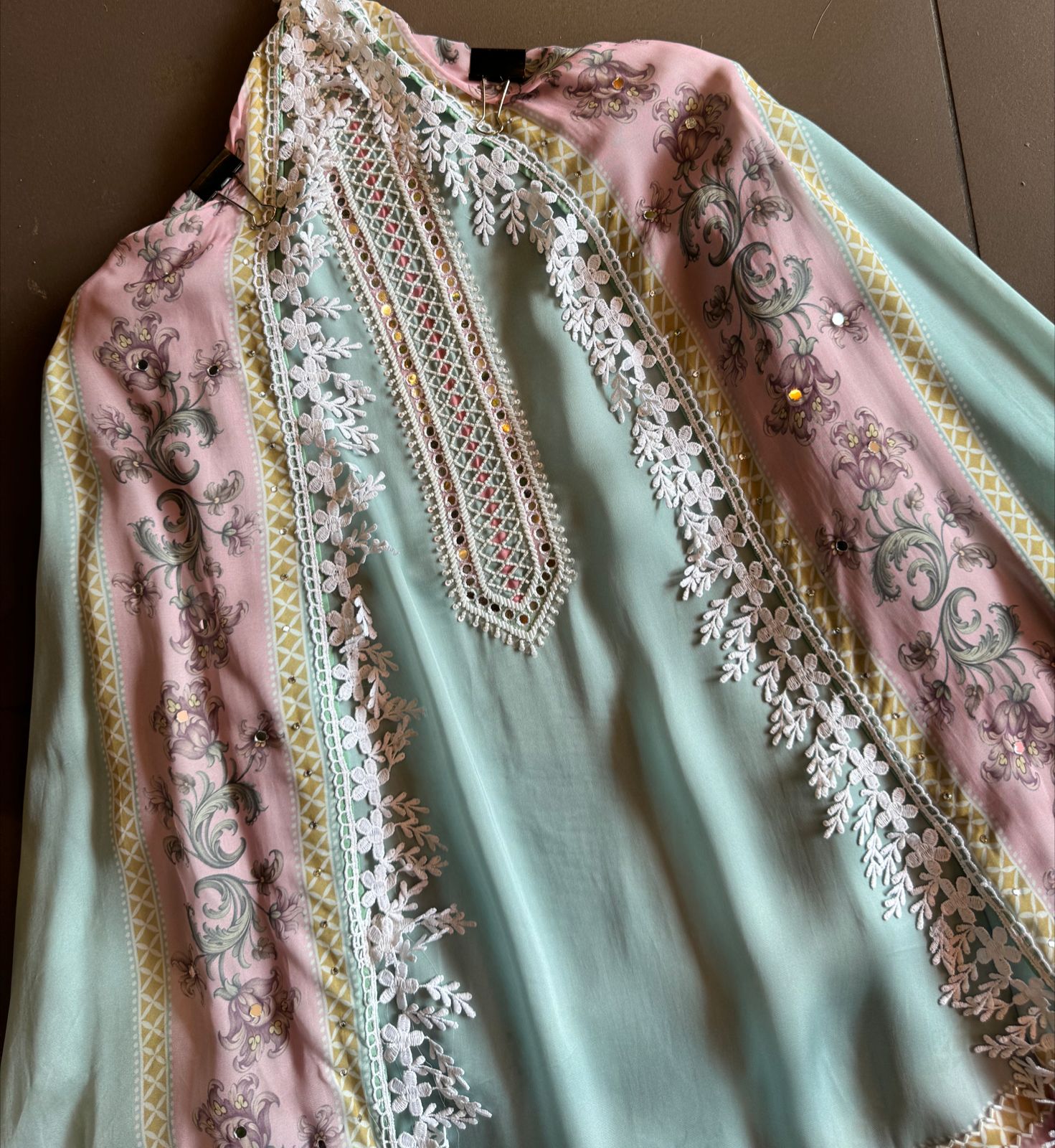 Soft satin crepe full size unstitched Shirt with very beautiful Neckline with nalki embellishments.