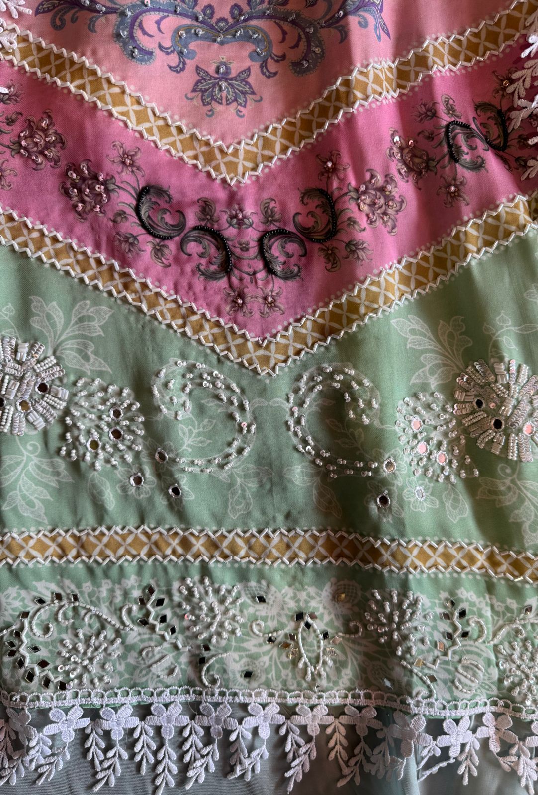 Soft satin crepe full size unstitched Shirt with very beautiful Neckline with nalki embellishments.