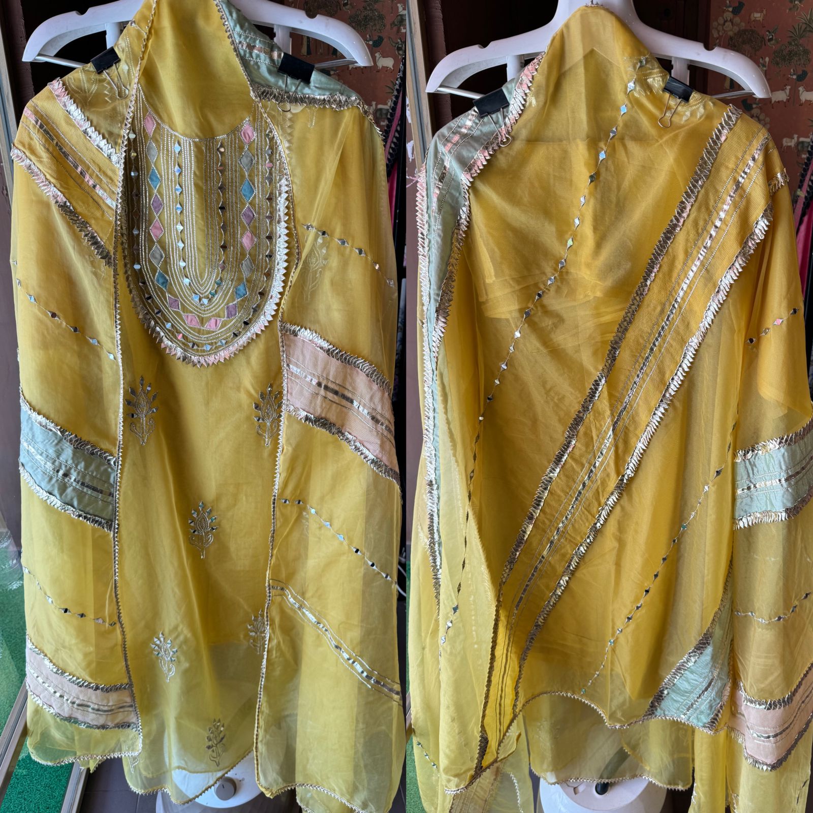 Pure organza Unstitched shirt with Multi Patchwork with original mirror and gotta detailings