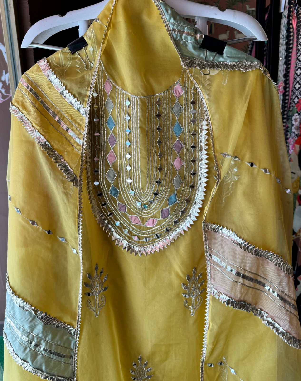 Pure organza Unstitched shirt with Multi Patchwork with original mirror and gotta detailings