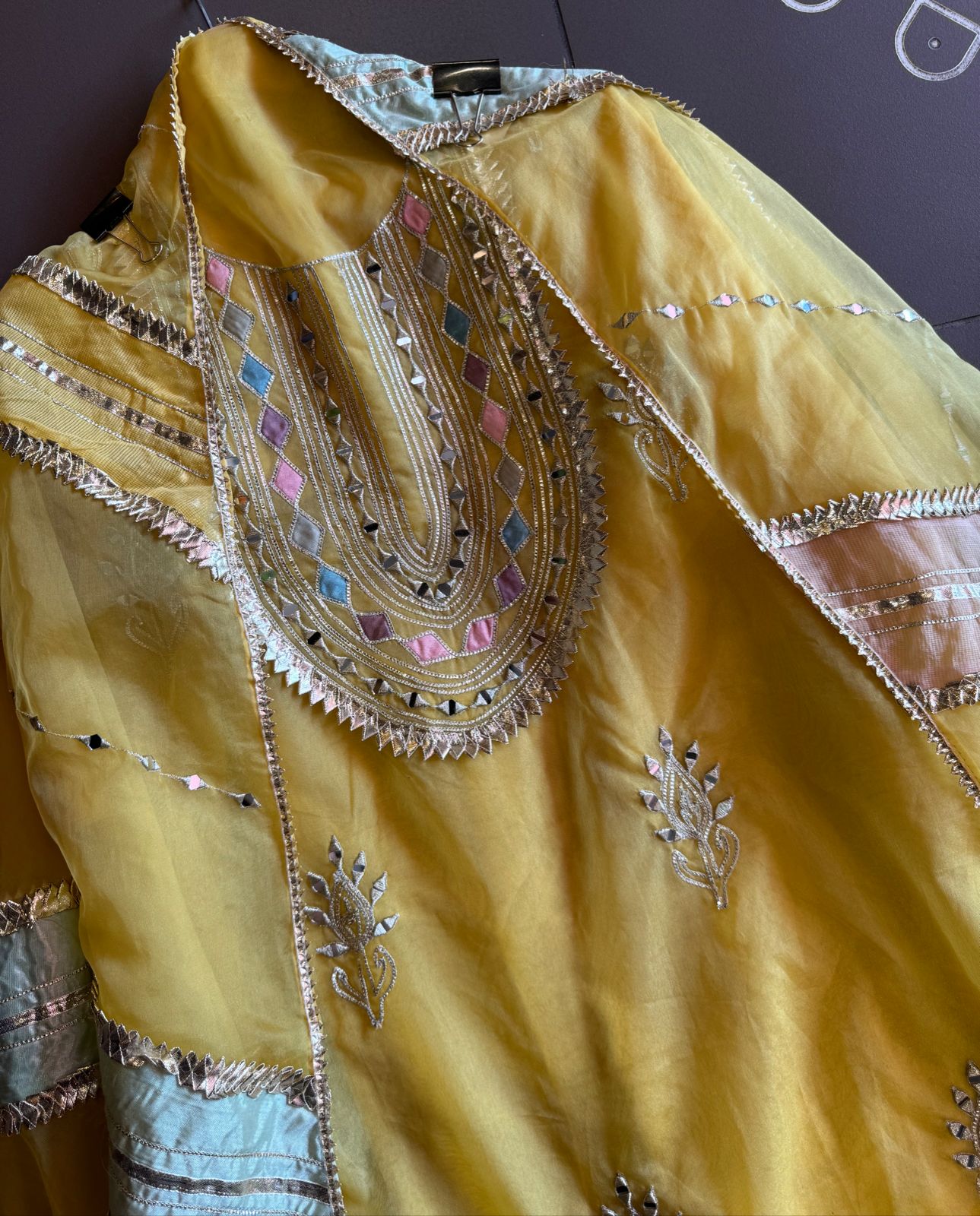 Pure organza Unstitched shirt with Multi Patchwork with original mirror and gotta detailings