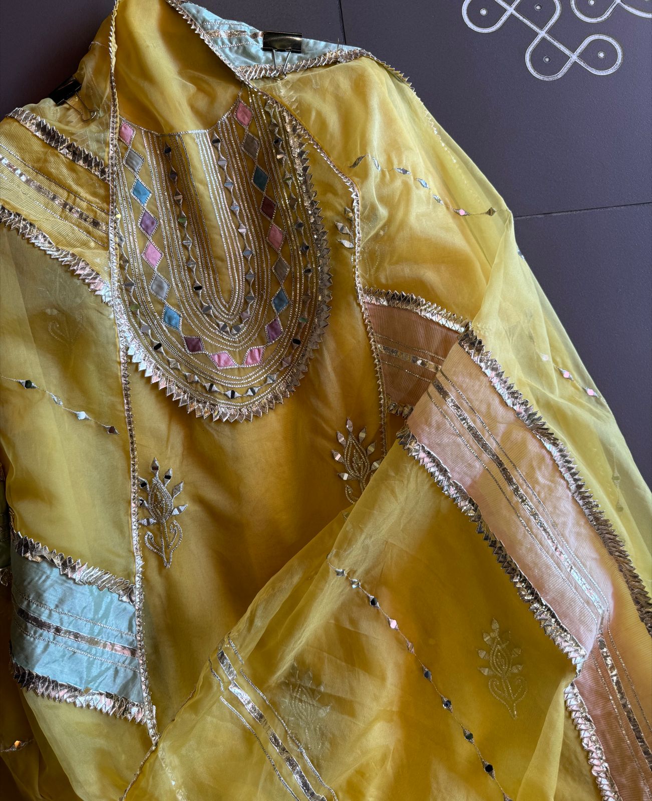 Pure organza Unstitched shirt with Multi Patchwork with original mirror and gotta detailings