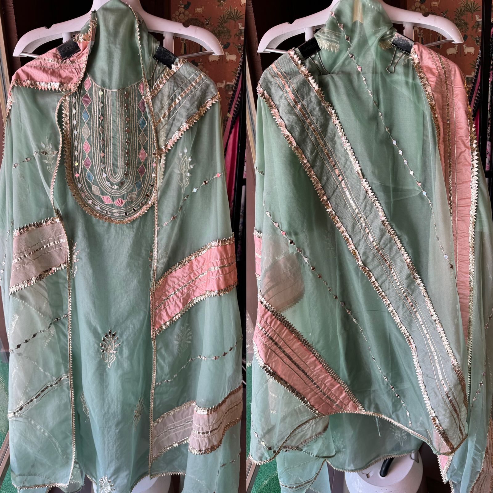 Pure organza Unstitched shirt with Multi Patchwork with original mirror and gotta detailings