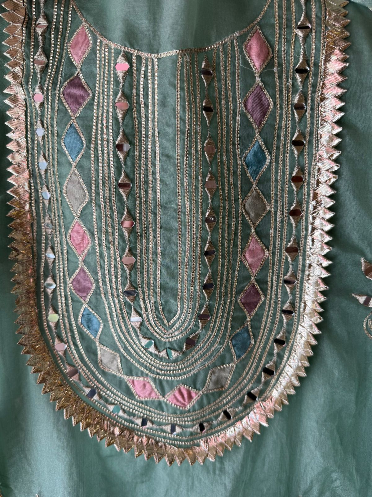 Pure organza Unstitched shirt with Multi Patchwork with original mirror and gotta detailings