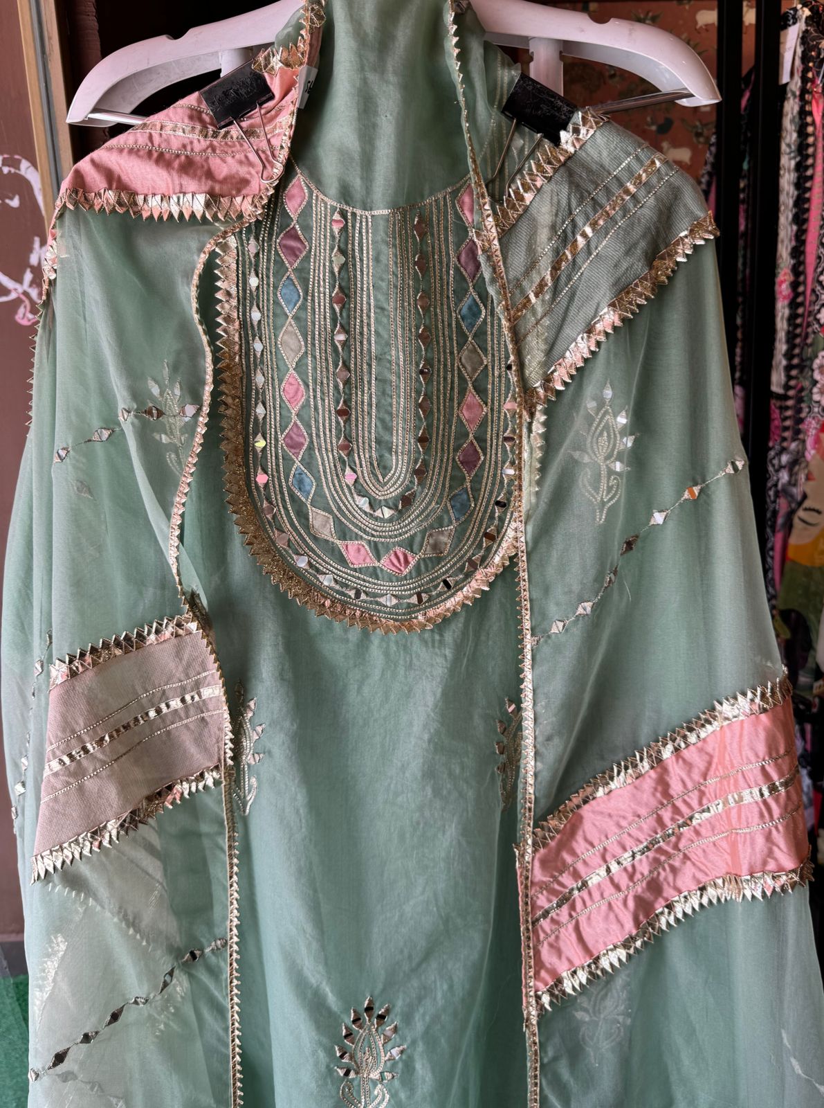 Pure organza Unstitched shirt with Multi Patchwork with original mirror and gotta detailings