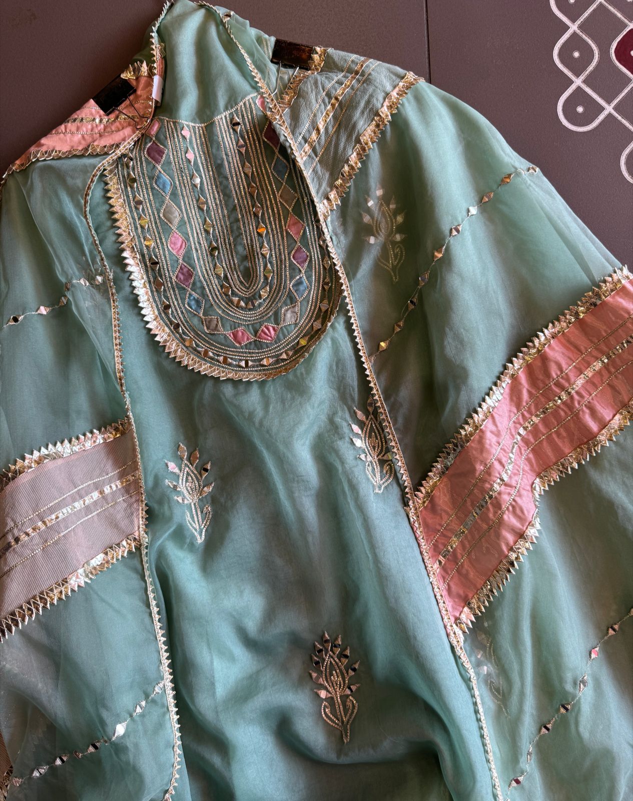 Pure organza Unstitched shirt with Multi Patchwork with original mirror and gotta detailings