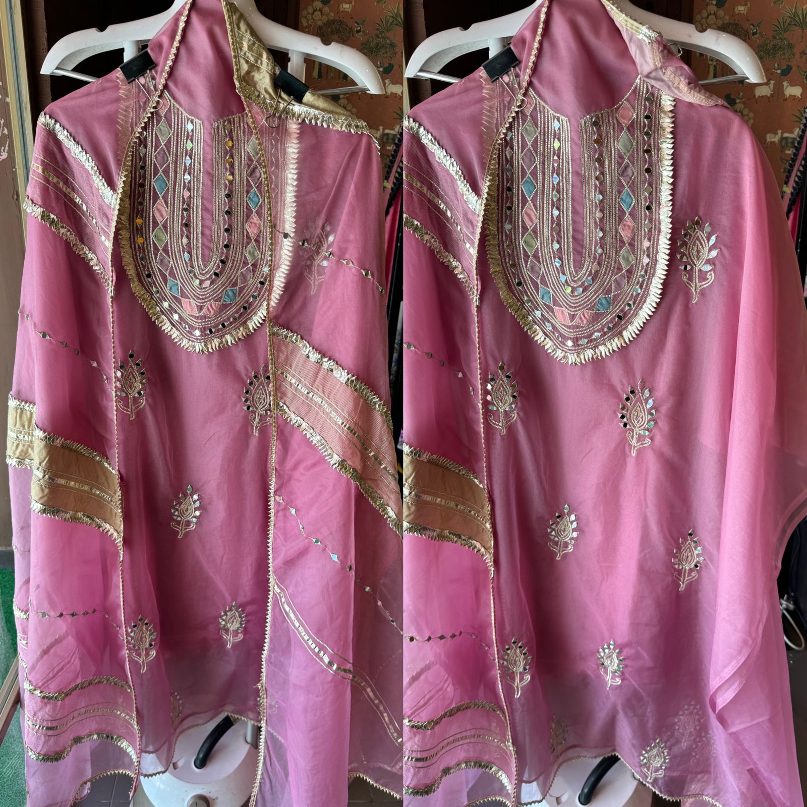 Pure organza Unstitched shirt with Multi Patchwork with original mirror and gotta detailings