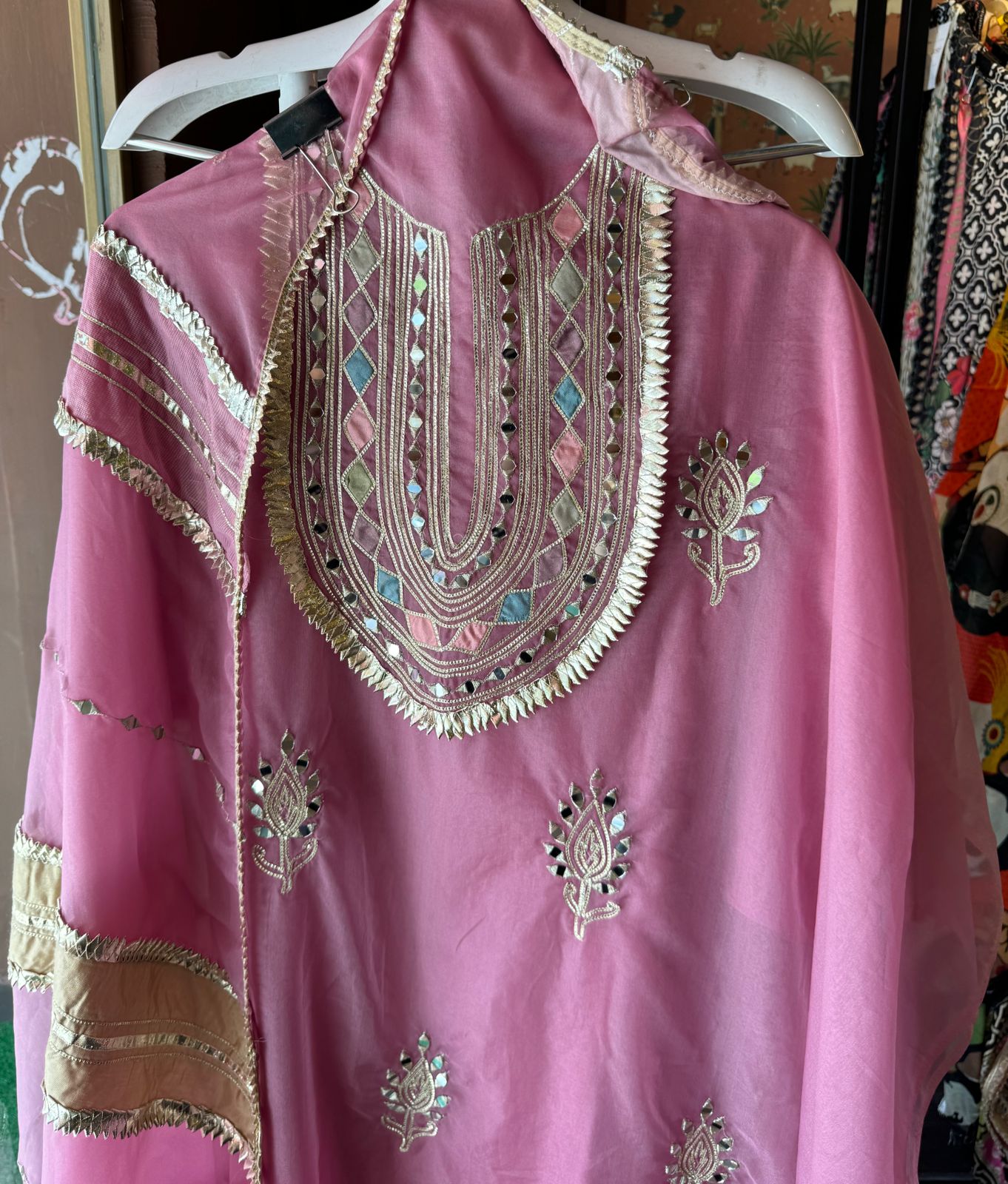 Pure organza Unstitched shirt with Multi Patchwork with original mirror and gotta detailings