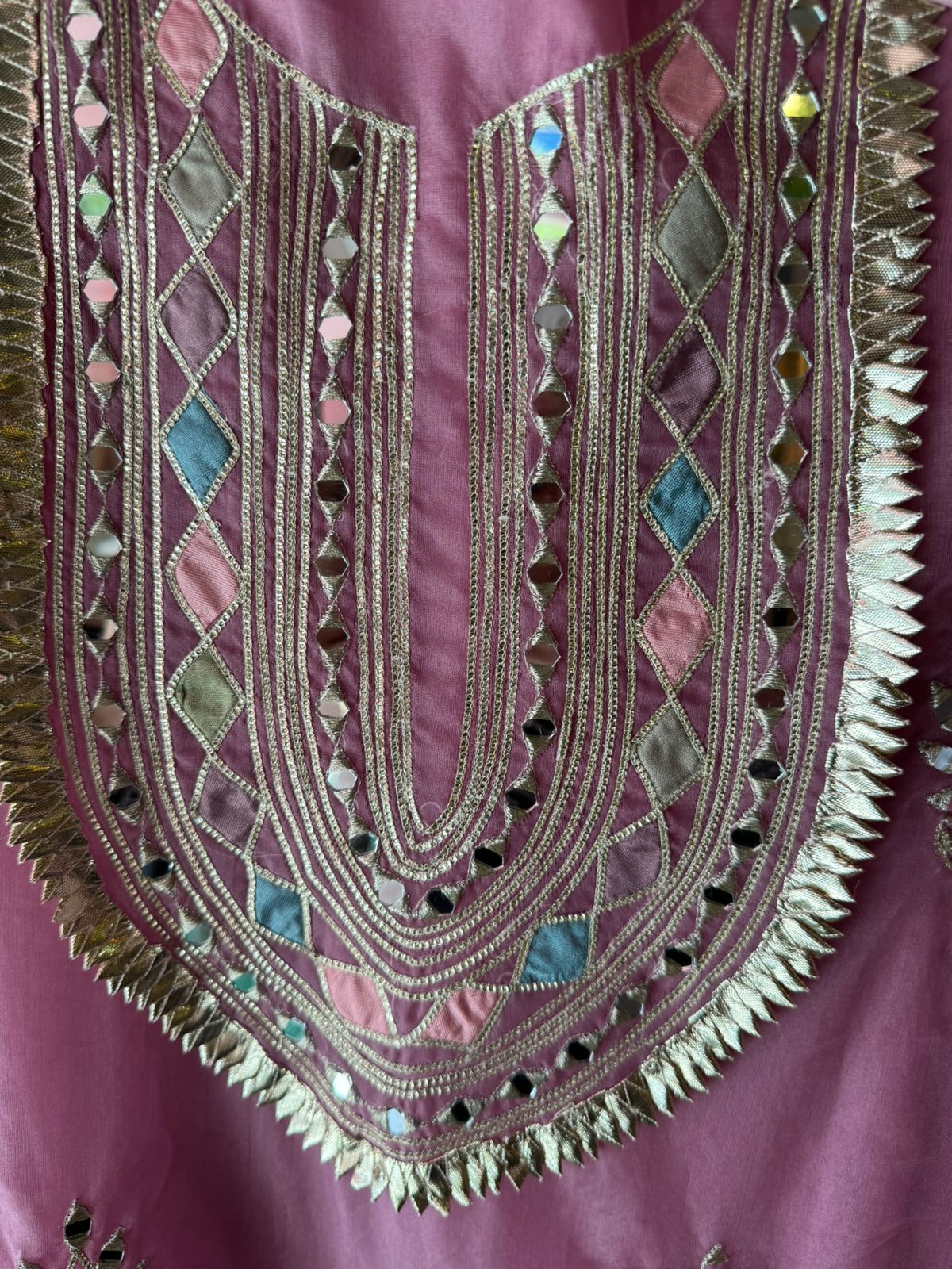 Pure organza Unstitched shirt with Multi Patchwork with original mirror and gotta detailings