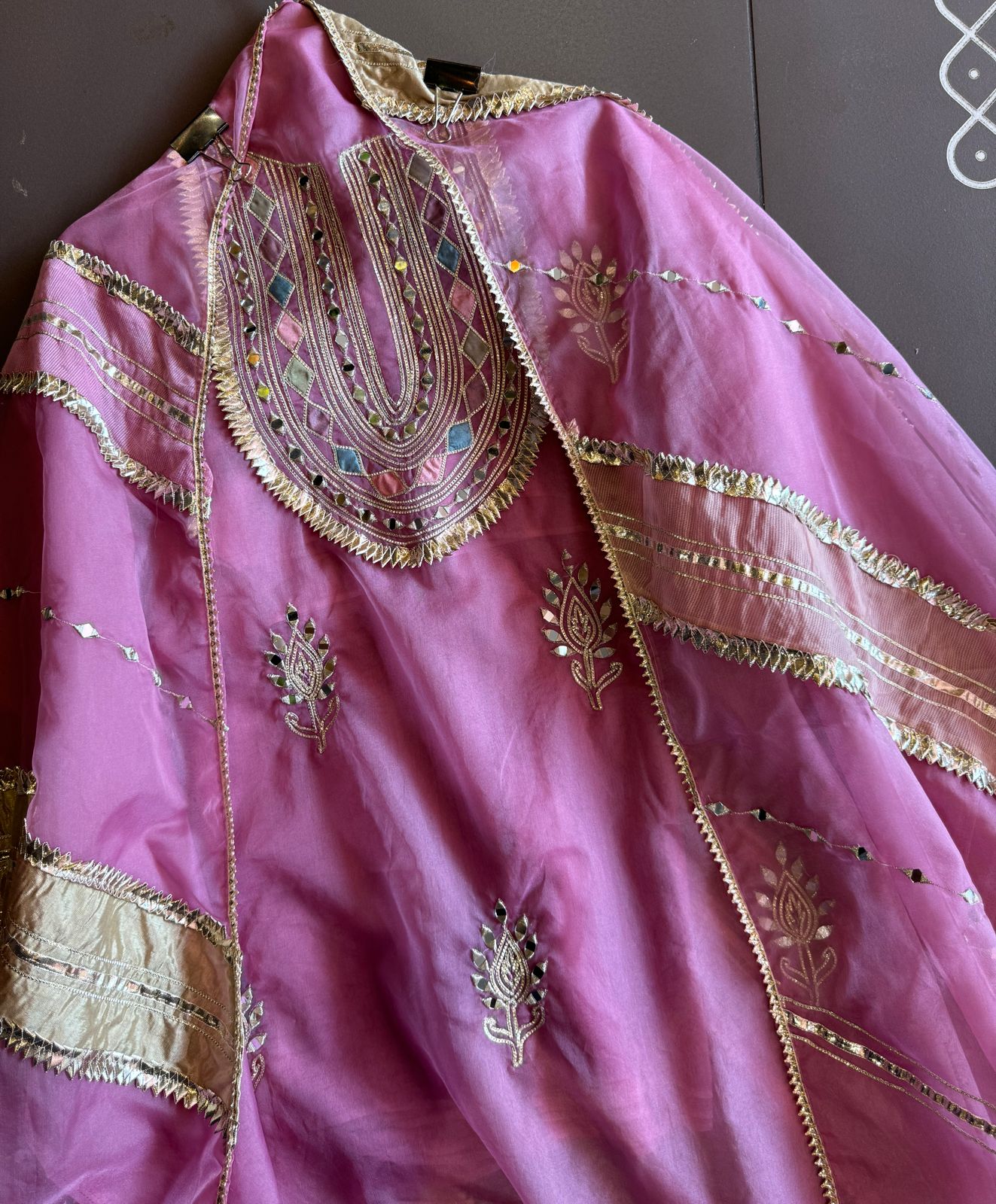 Pure organza Unstitched shirt with Multi Patchwork with original mirror and gotta detailings