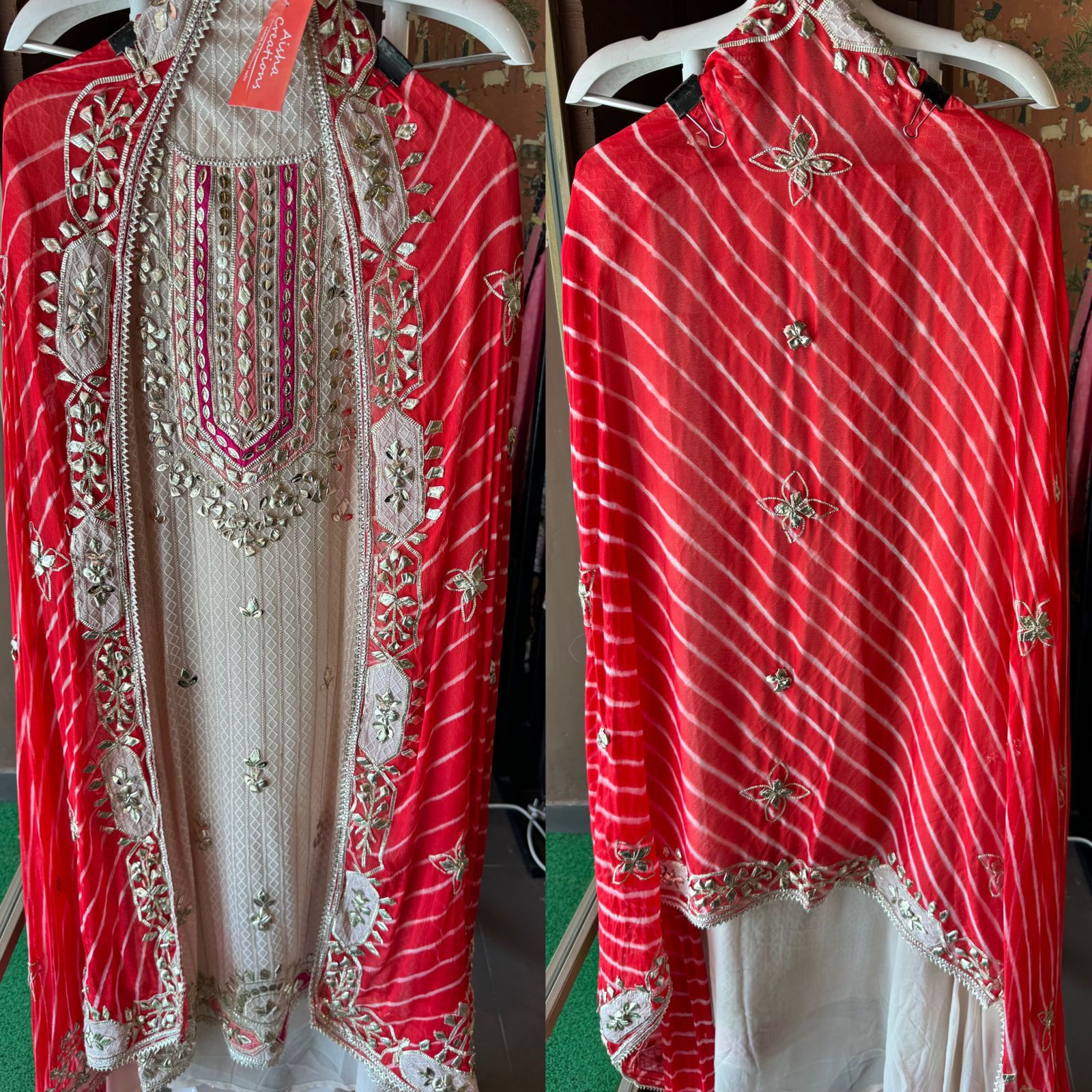 Pure Georgette Self embroidered shirt with heavy gotta Patti work done on the neckline