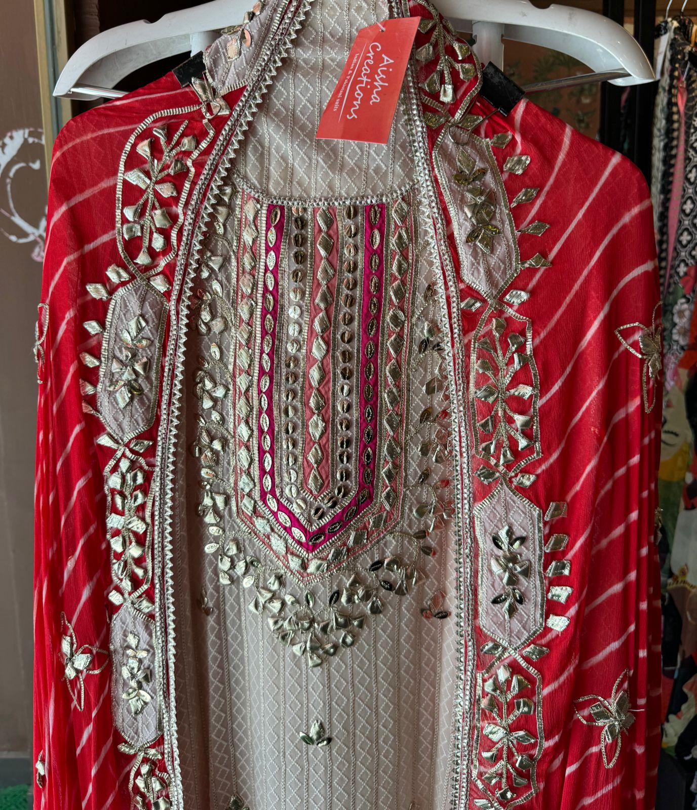 Pure Georgette Self embroidered shirt with heavy gotta Patti work done on the neckline