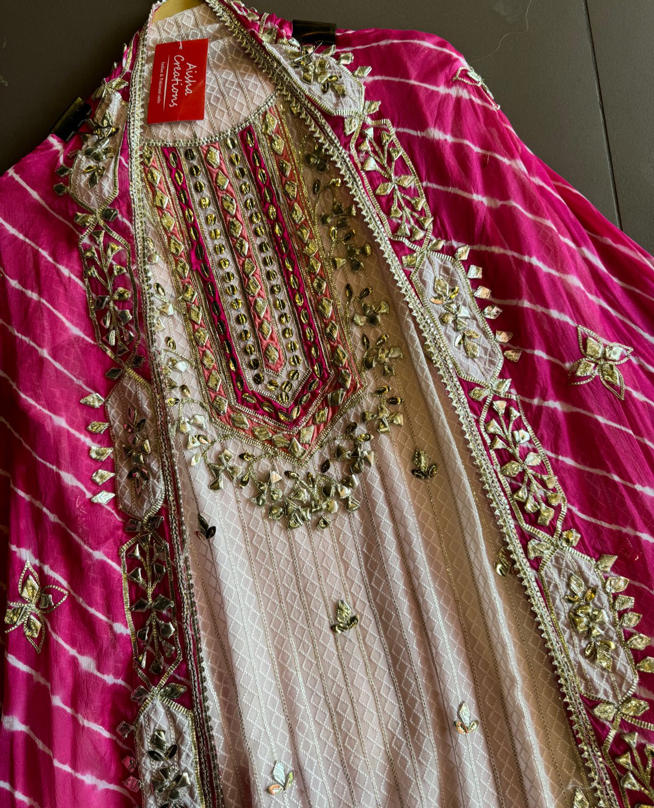 Pure Georgette Self embroidered shirt with heavy gotta Patti work done on the neckline