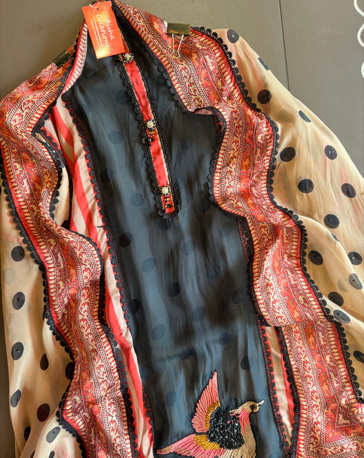 Soft organza Unstitched full size shirt with Beautiful neck Patti with crochia lace