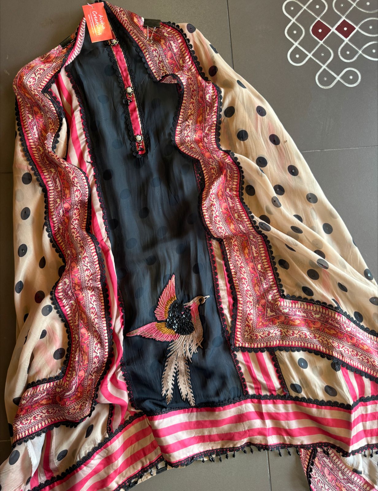 Soft organza Unstitched full size shirt with Beautiful neck Patti with crochia lace