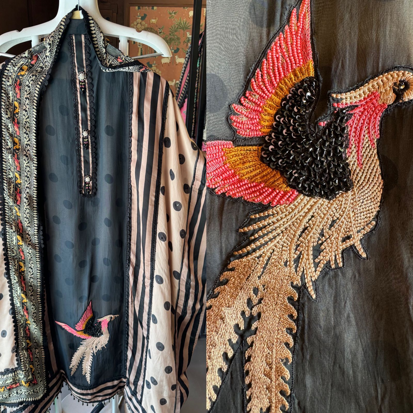 Soft organza Unstitched full size shirt with Beautiful neck Patti with crochia lace and stone work tassels