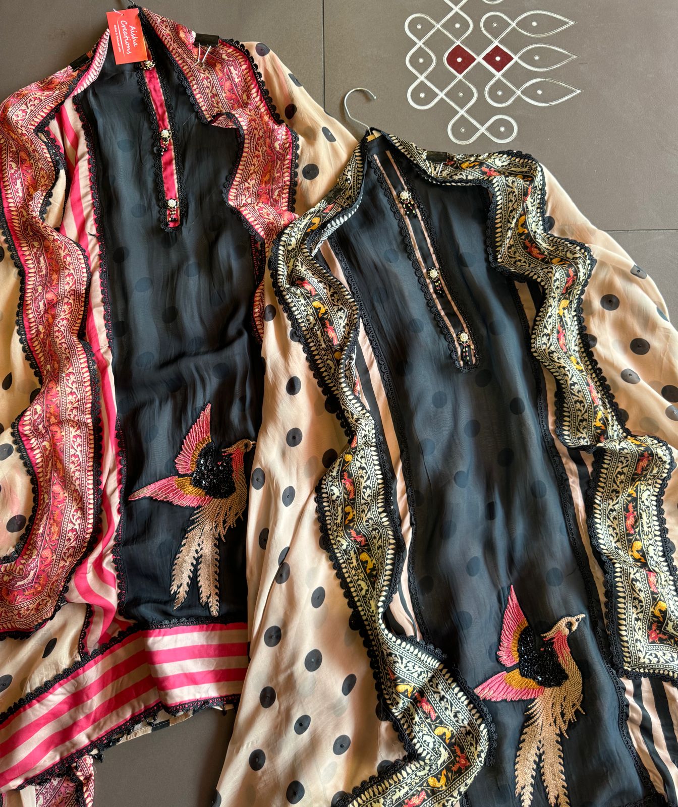 Soft organza Unstitched full size shirt with Beautiful neck Patti with crochia lace and stone work tassels