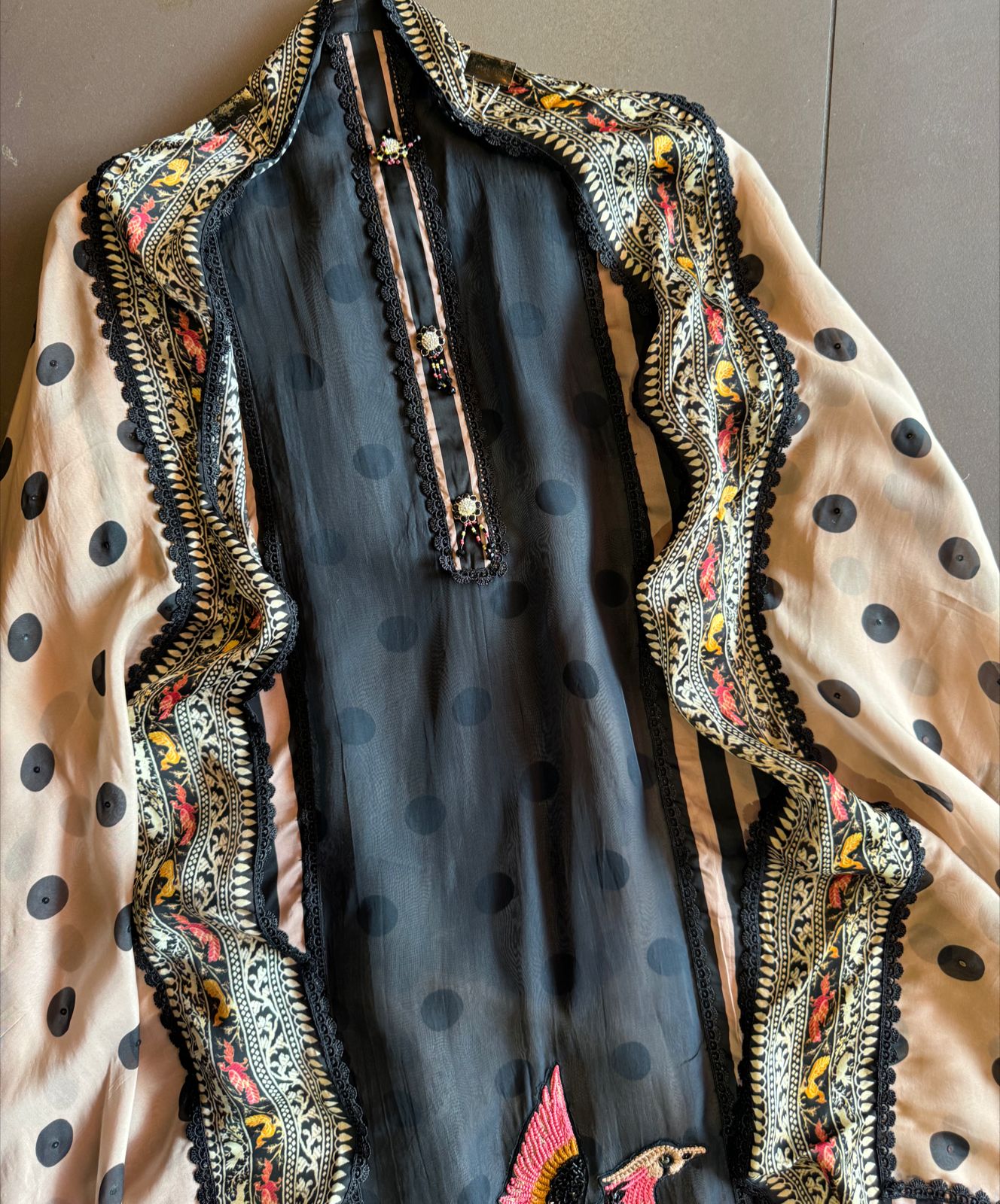 Soft organza Unstitched full size shirt with Beautiful neck Patti with crochia lace and stone work tassels