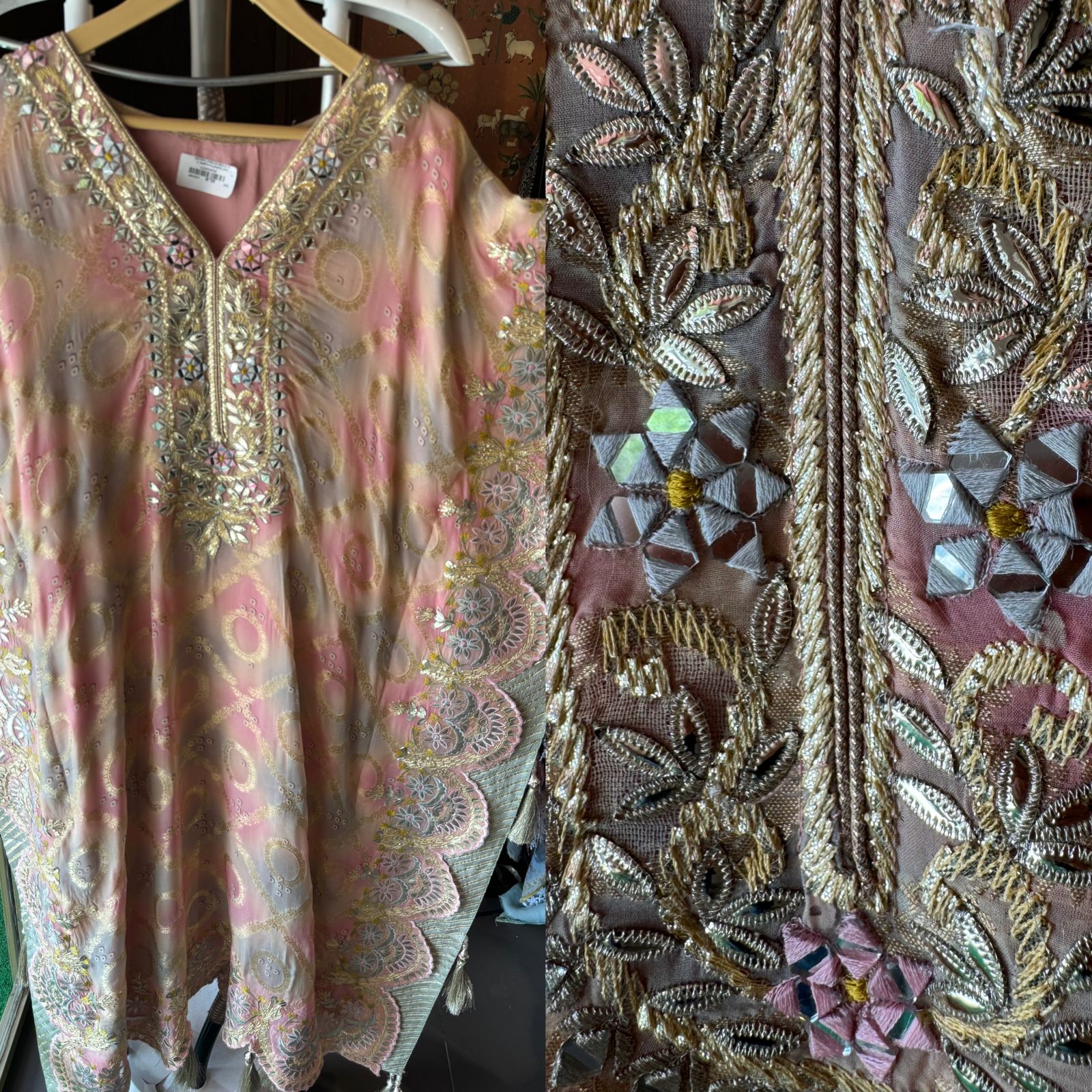 Banarsi silk Tye and Dye look kaaftan Multi shaded with Cutwork designing