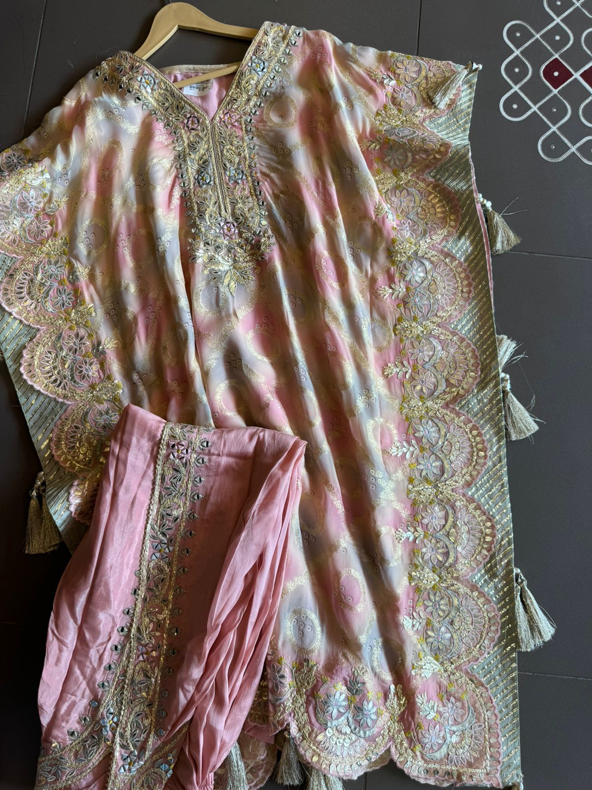 Banarsi silk Tye and Dye look kaaftan Multi shaded with Cutwork designing