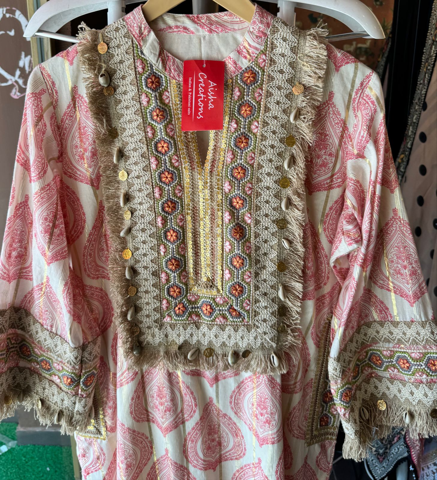 Soft cotton Stitched Shirt with block printing with lurex weavings with beautiful just patch