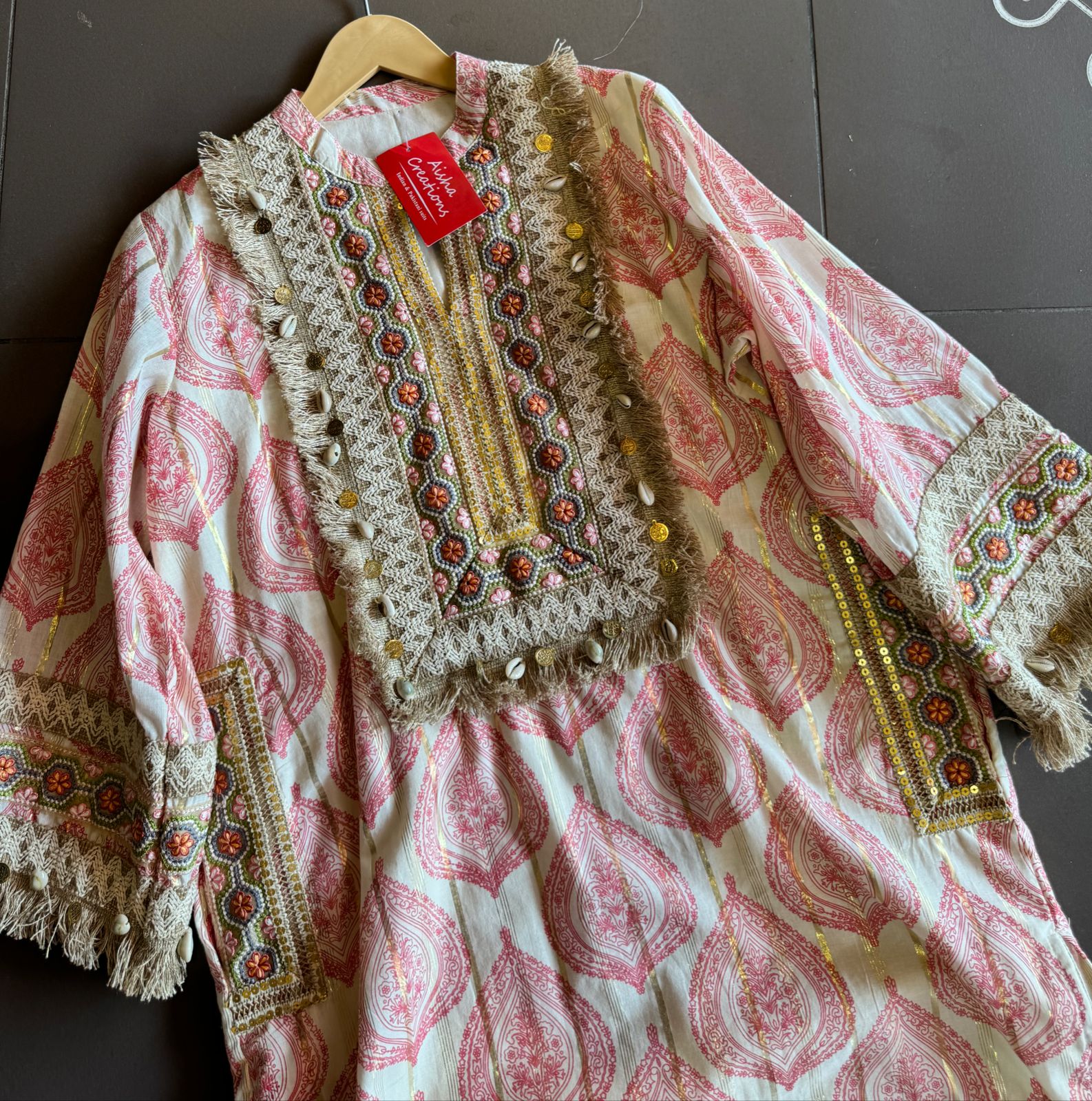 Soft cotton Stitched Shirt with block printing with lurex weavings with beautiful just patch