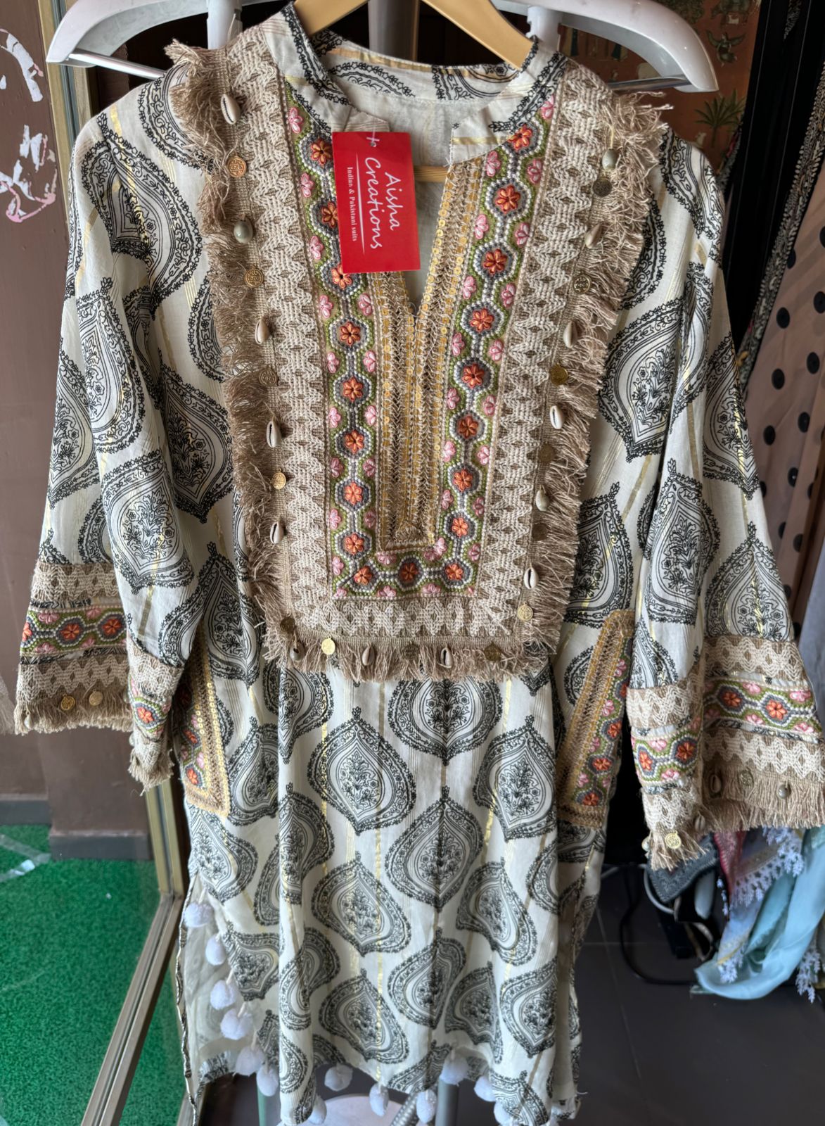 Soft cotton Stitched Shirt with block printing with lurex weavings with beautiful just patch