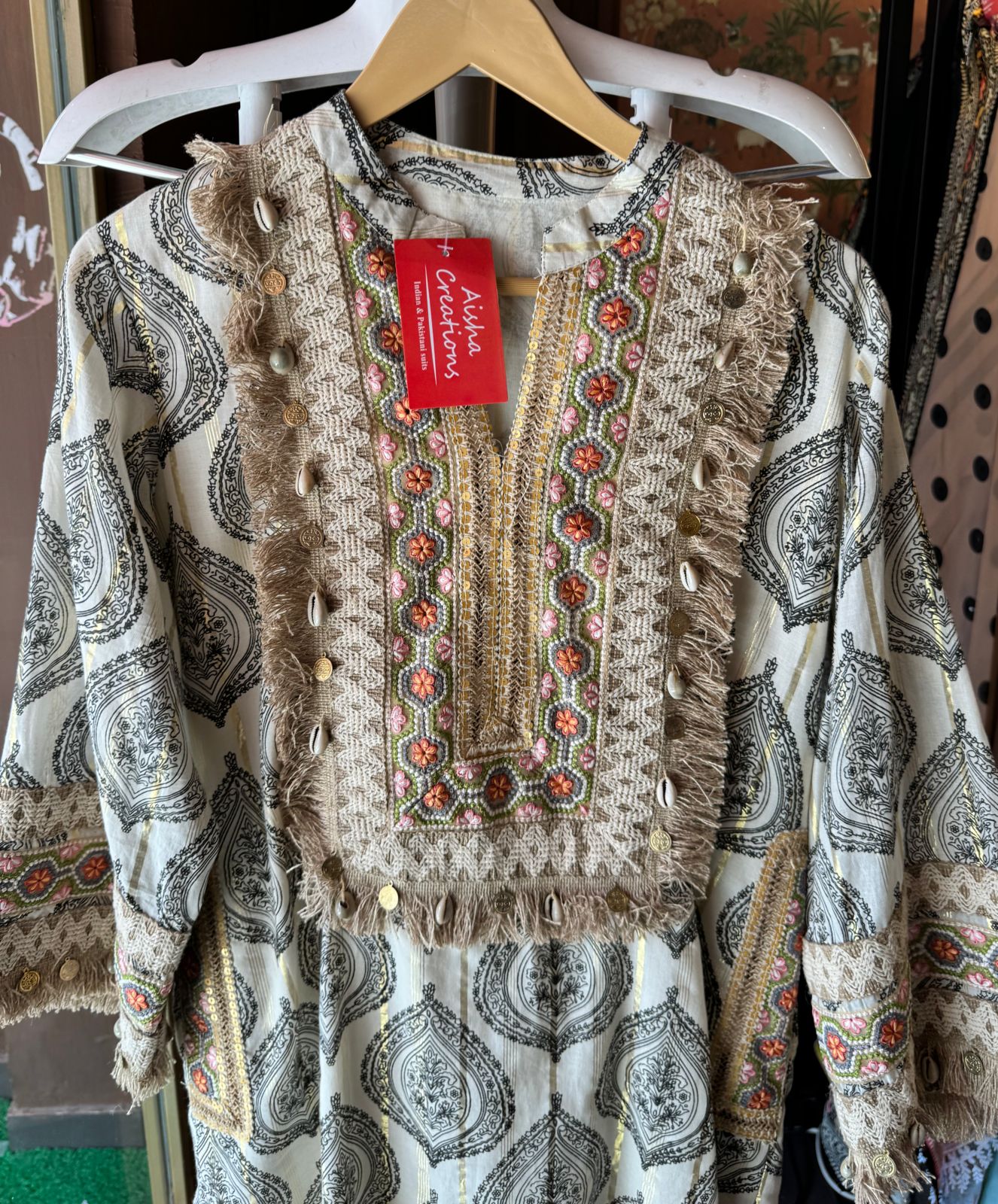 Soft cotton Stitched Shirt with block printing with lurex weavings with beautiful just patch