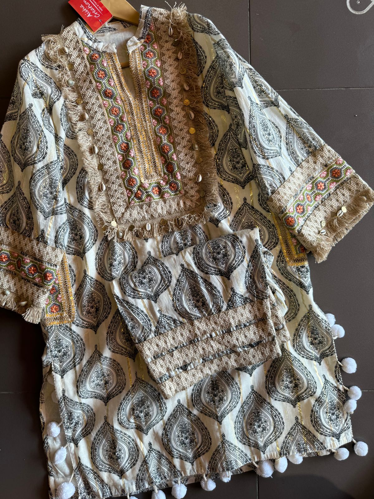 Soft cotton Stitched Shirt with block printing with lurex weavings with beautiful just patch