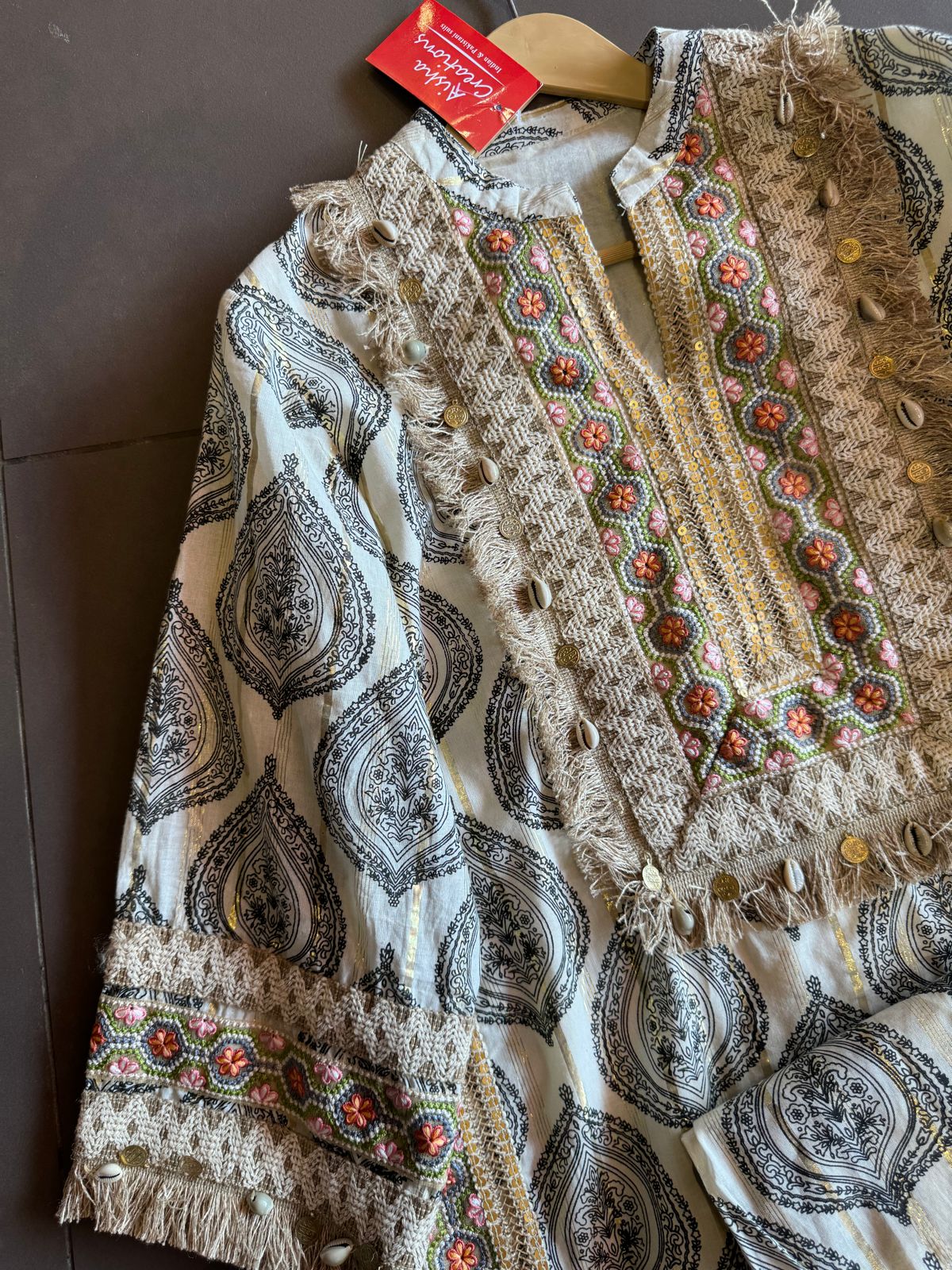 Soft cotton Stitched Shirt with block printing with lurex weavings with beautiful just patch