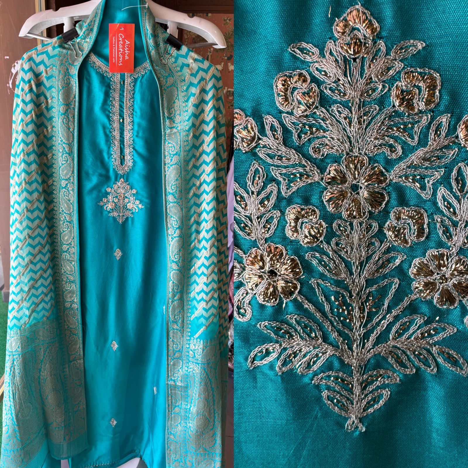 Pure Silk Unstitched Shirt with zari and dori work on the neckline