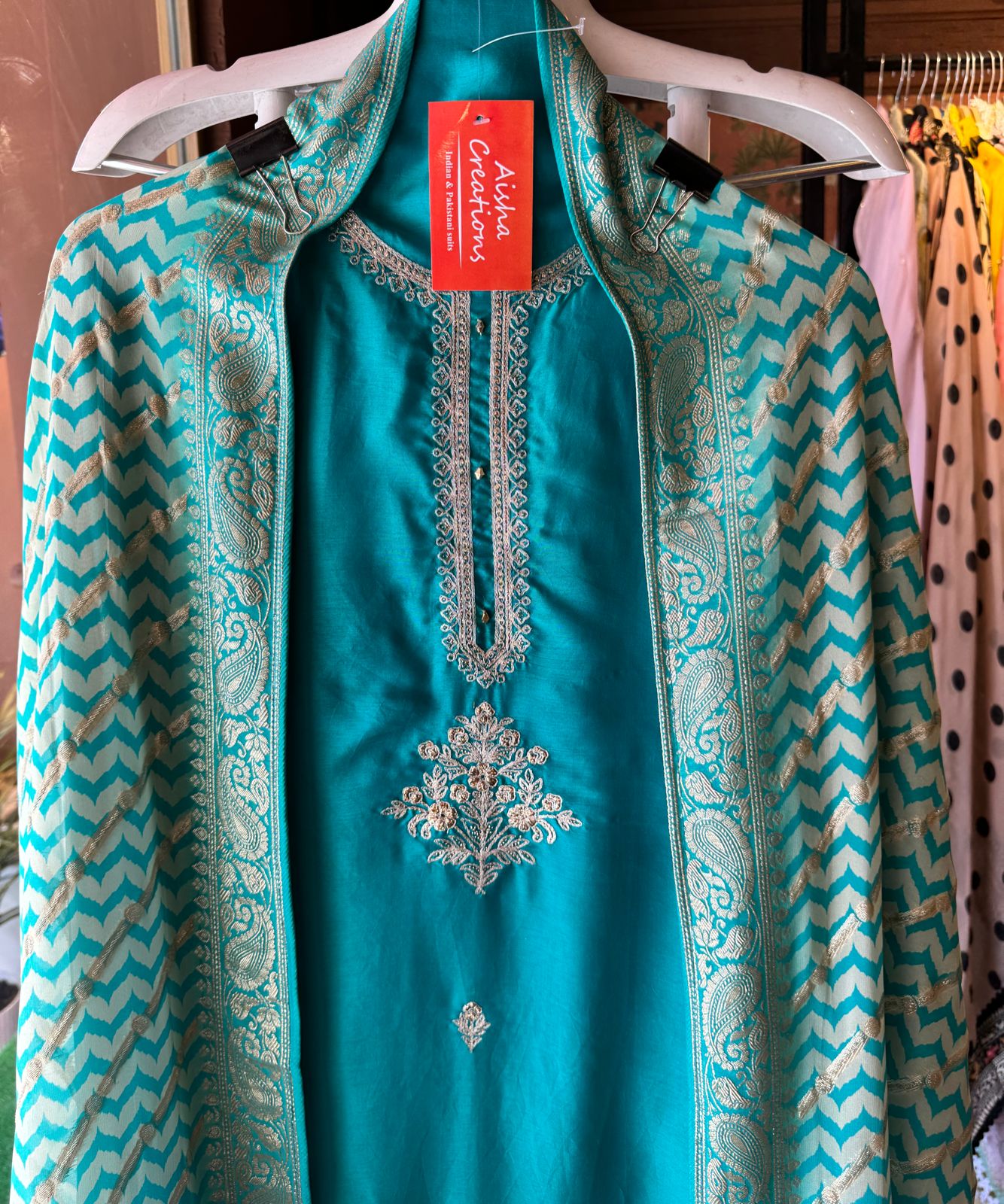 Pure Silk Unstitched Shirt with zari and dori work on the neckline