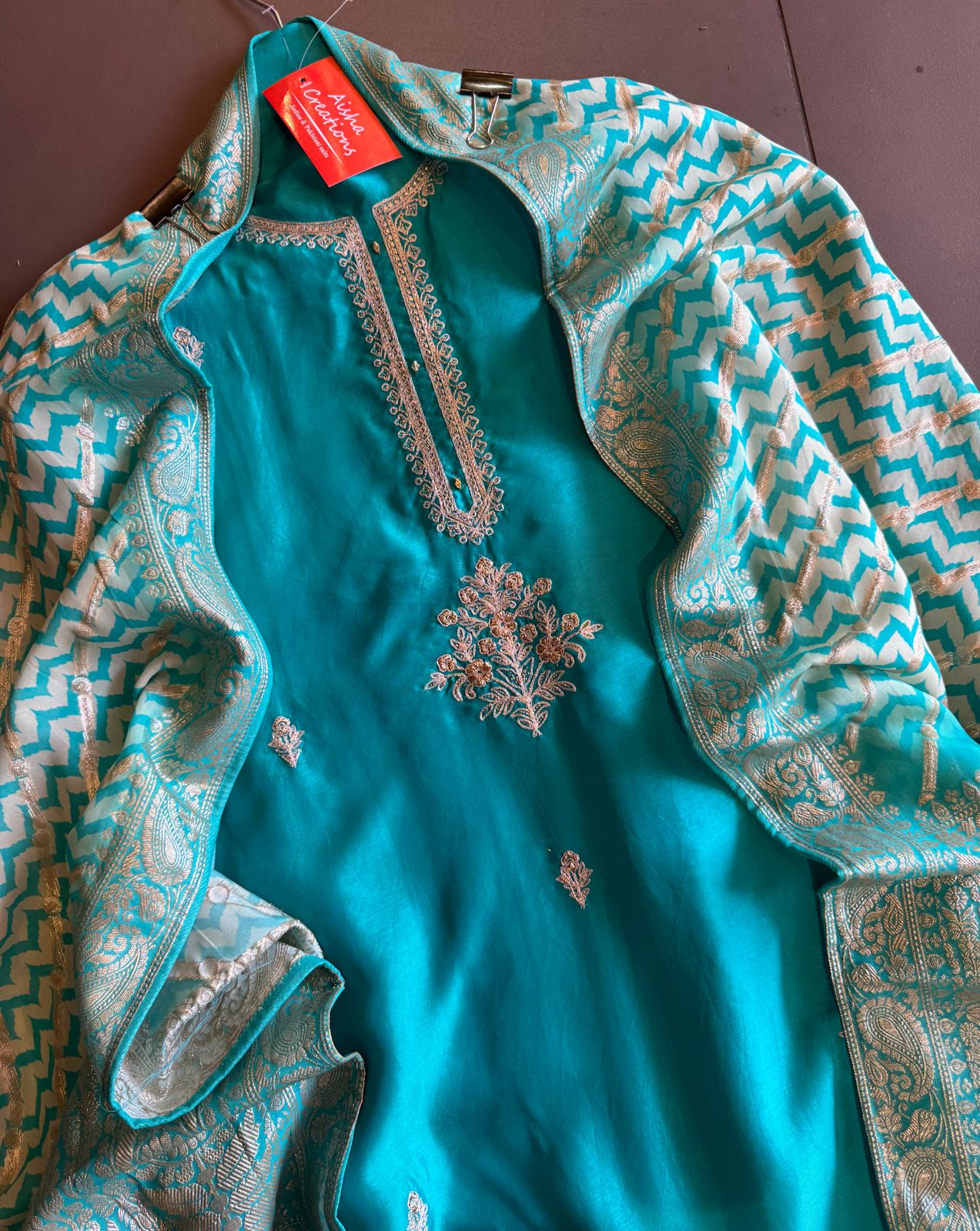 Pure Silk Unstitched Shirt with zari and dori work on the neckline