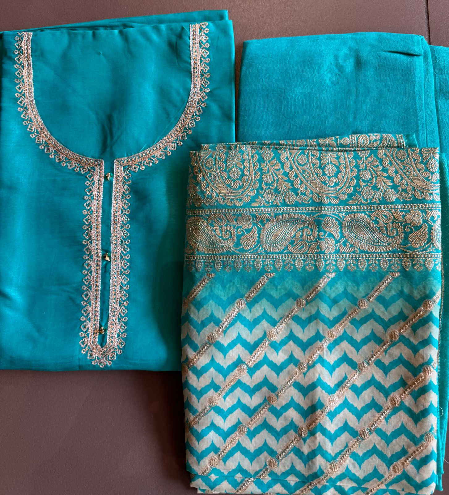 Pure Silk Unstitched Shirt with zari and dori work on the neckline